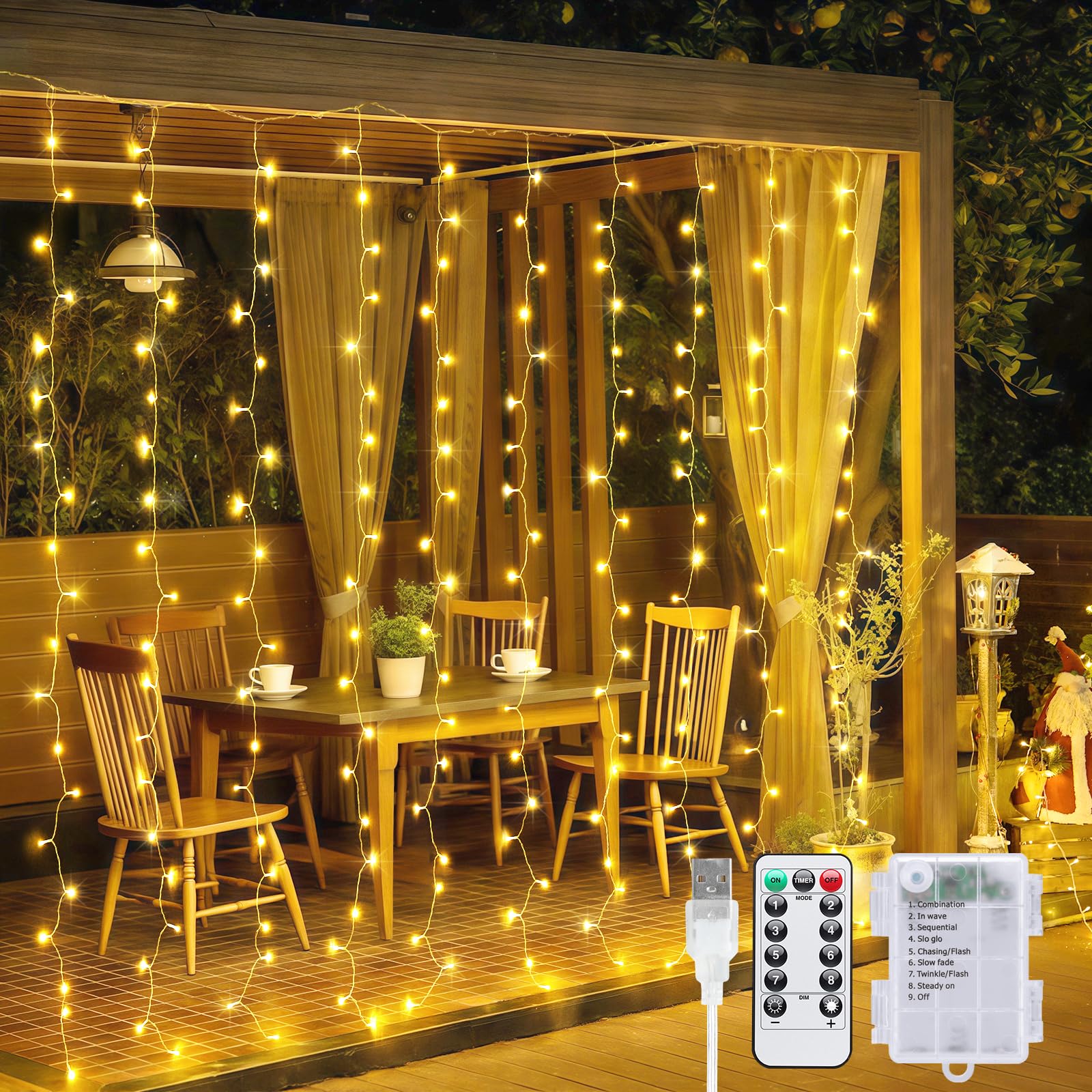 JMEXSUSS 200 LED Halloween Curtain Lights Battery Operated & USB Plug in, 6.6 x 6.6 ft Hanging String Lights Indoor with Remote,