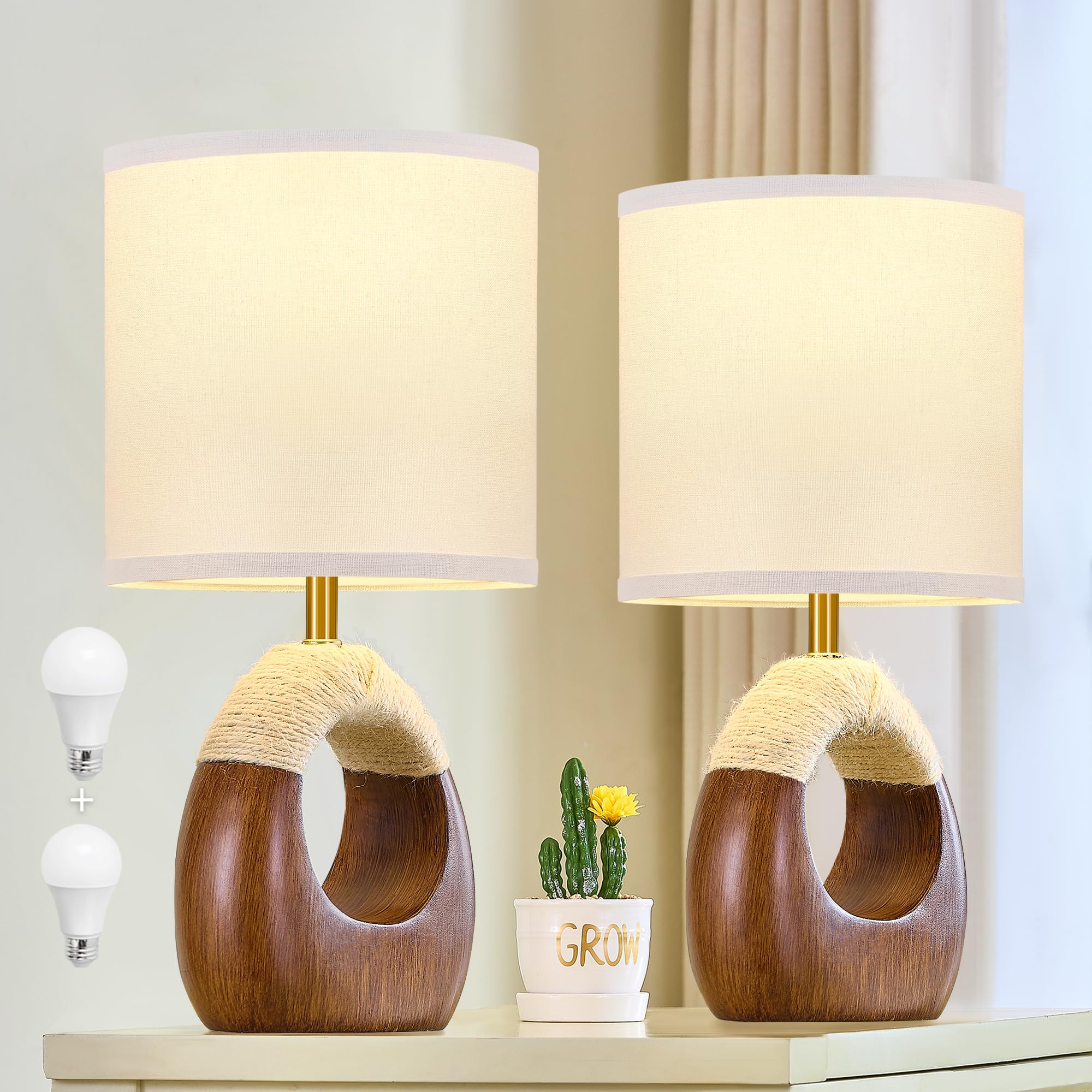 EJIAXIN Table Lamp for Bedroom Set of 2 - Bedside Table Lamps with 3 Color Temperatures - Boho Rattan Lamps for Night Stands Sma