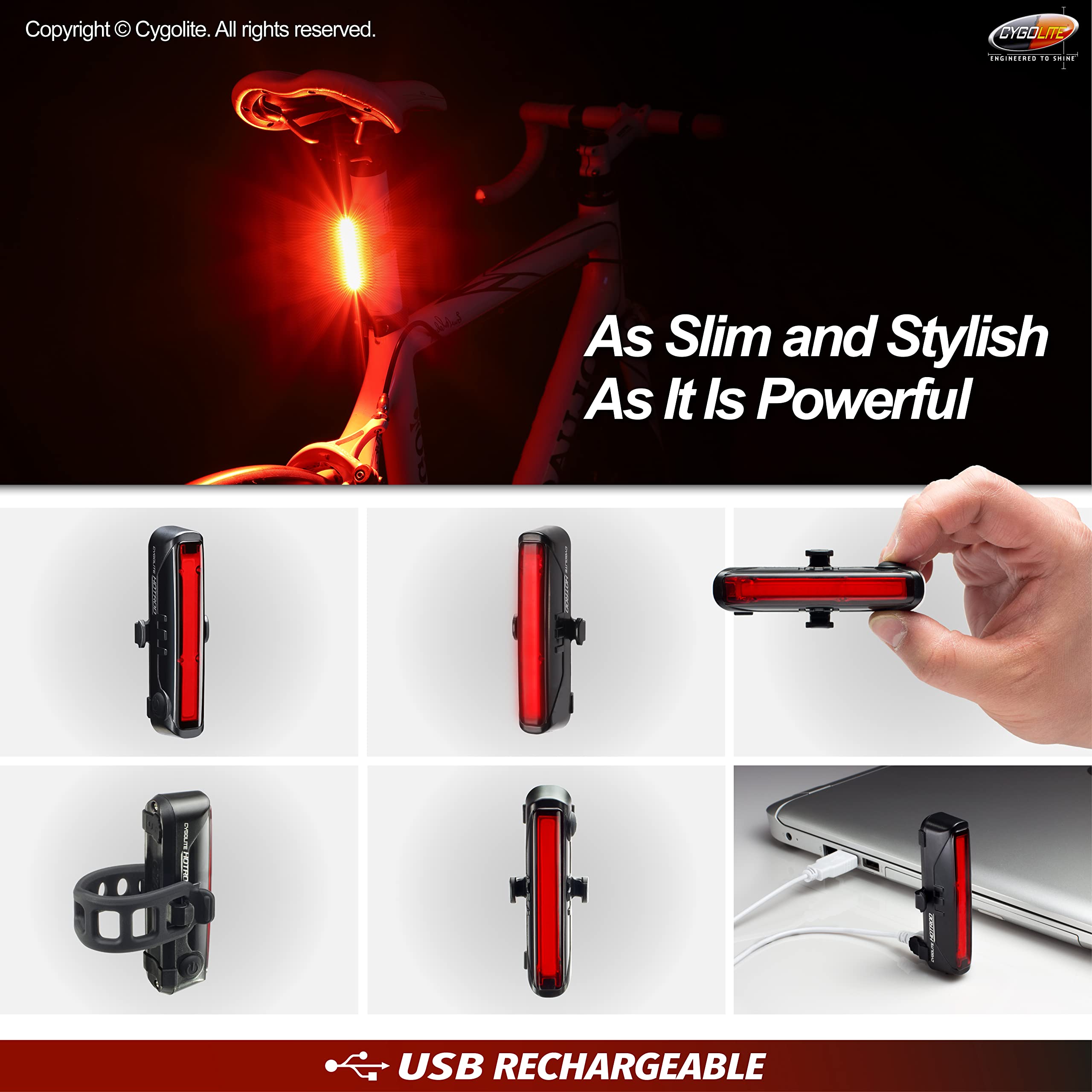Cygolite Hotrod Bike Tail Light - 50 Lumen, USB Rechargeable, IP64 Waterproof, Compact, Black/Red
