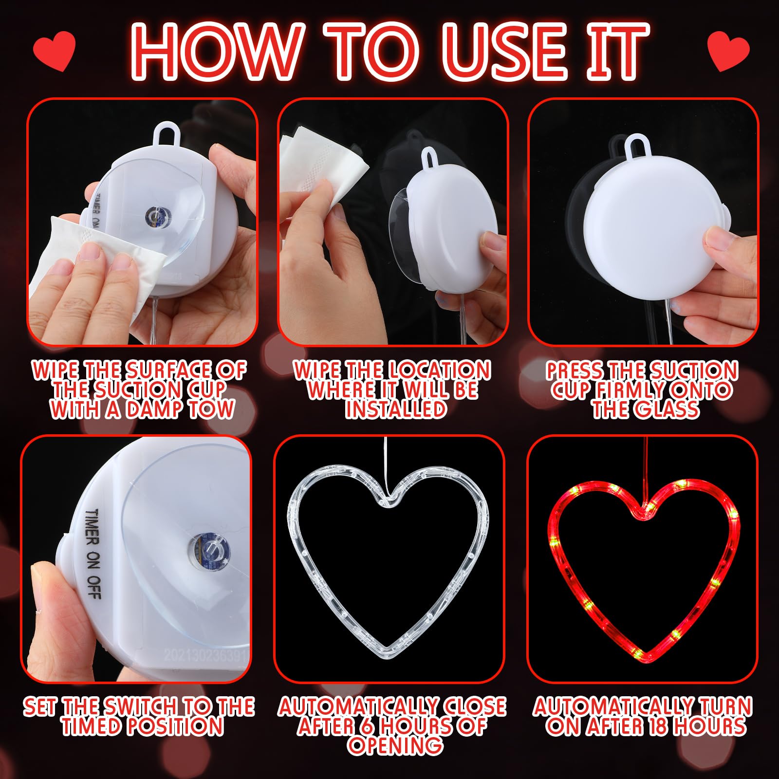 Baquler 5 Pcs Heart LED Lights for Valentines Day, Battery Operated, Suction Cup, Red/Pink/Purple, Heart Size
