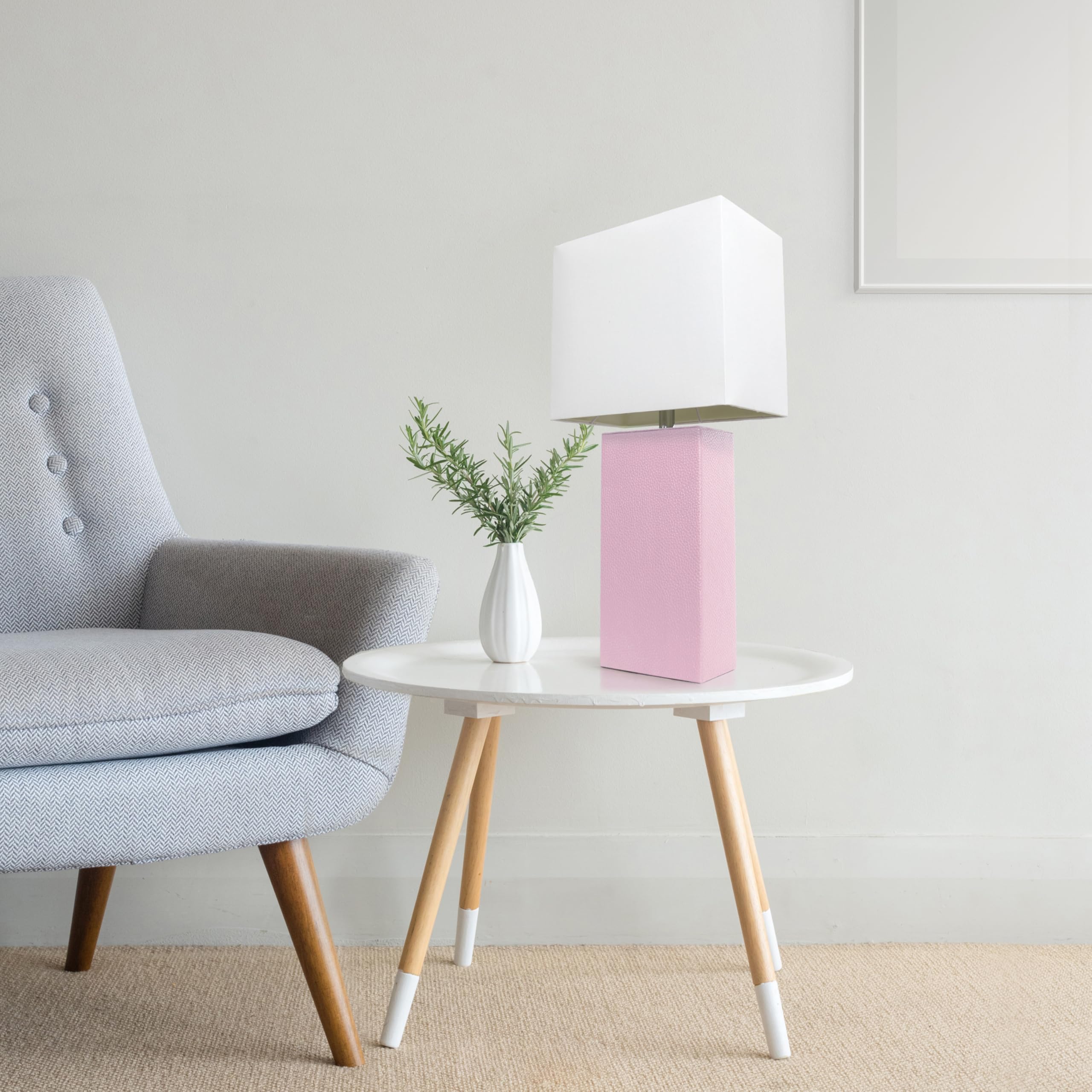 LALIA HOME Bedside Table Lamp, 21in Modern Design, Blush Pink Leather Base, White Fabric Shade, Model LHT-3008
