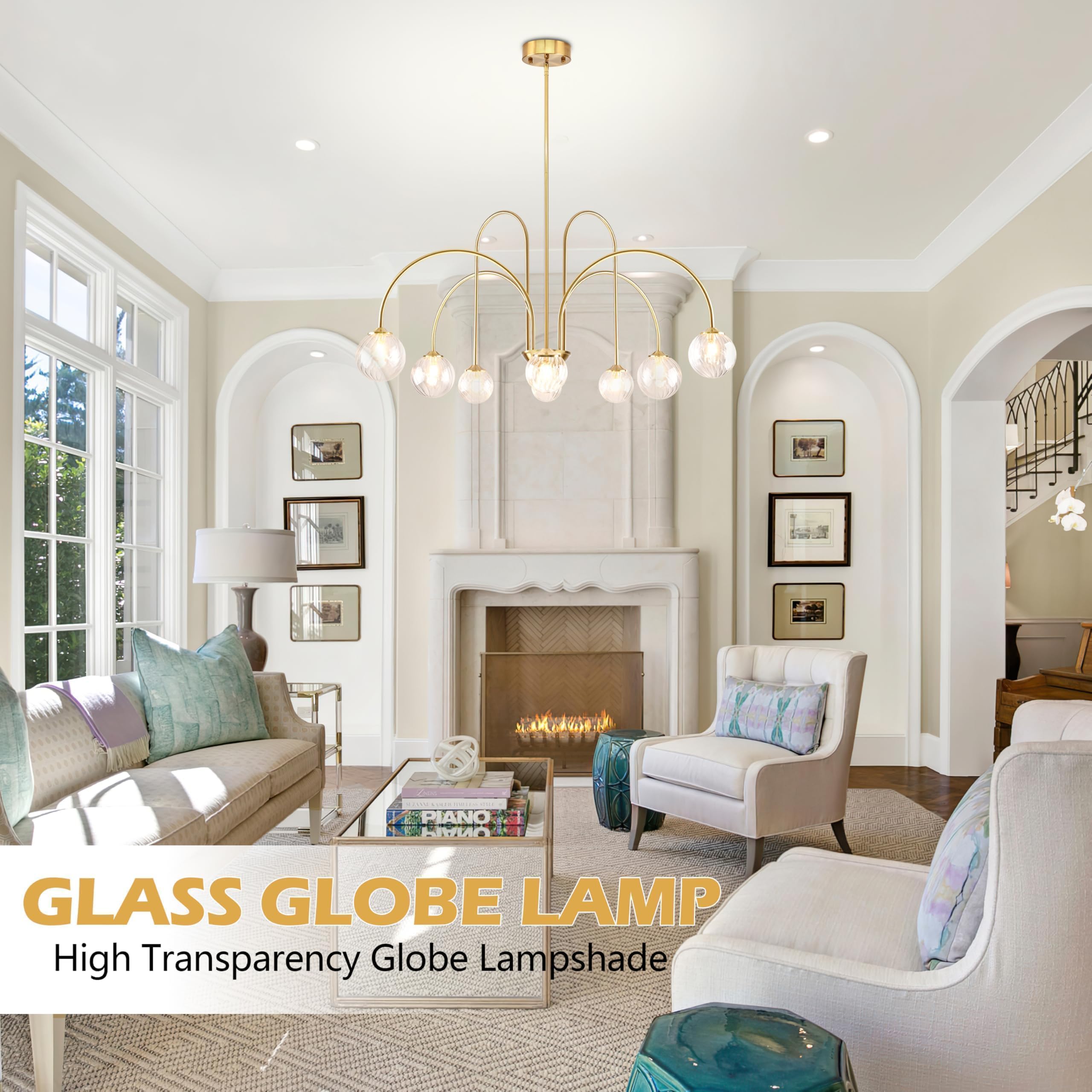 Bagood 8-Light Sputnik Chandelier, Dimmable Modern Pendant Light, Clear Gold, 38.5 in, Metal, Model DGQ-U08-QJ
