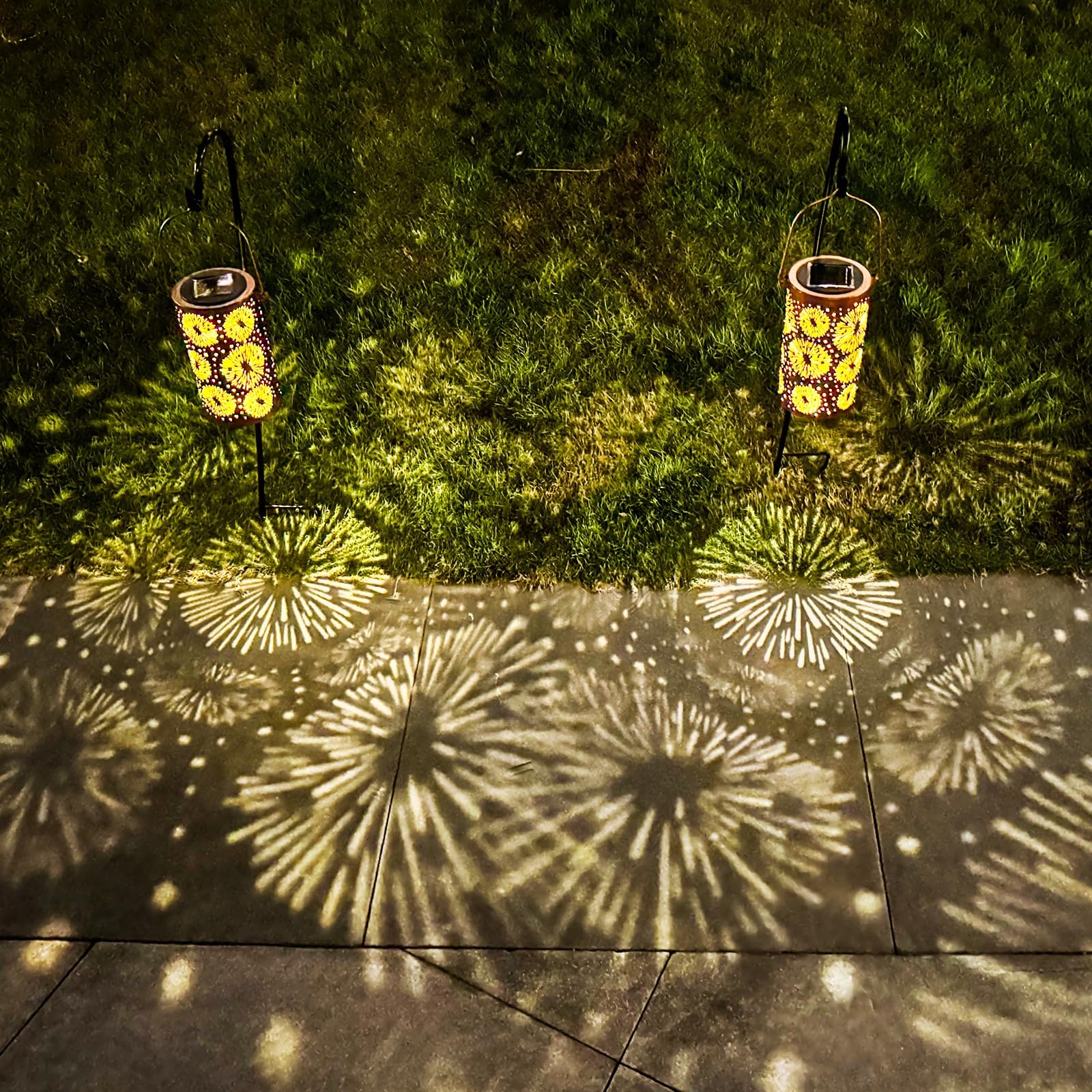 Dibieecn 2 Pack Fireworks Solar Gardening Gifts Lanterns, Garden Decor For Outside, Pattern Solar Decorative Lights Waterproof,