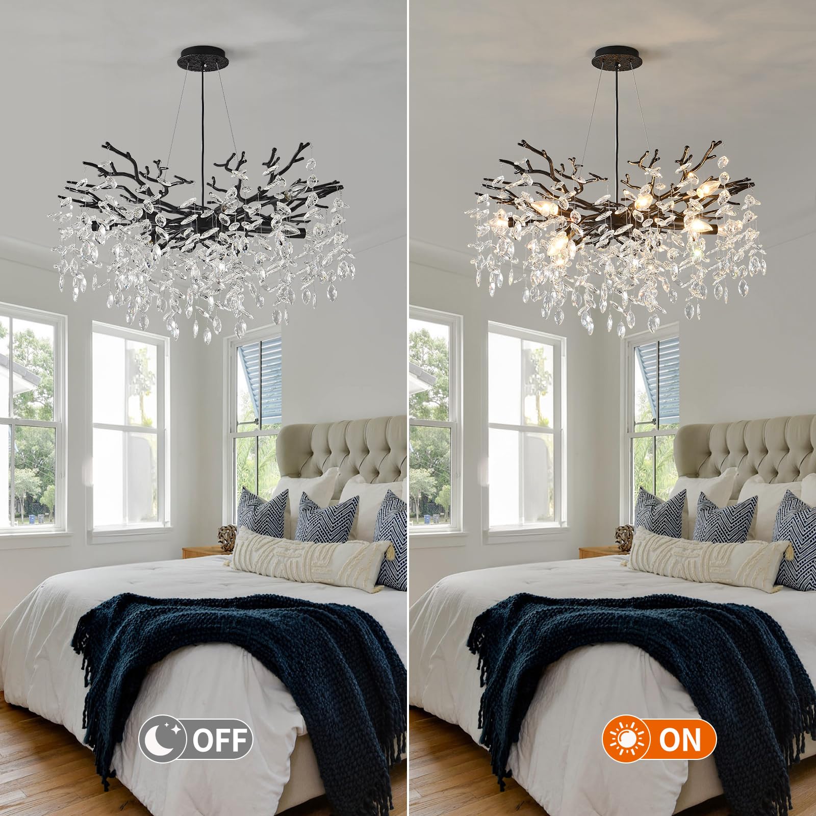 EGM 32 Inch Black Crystal Chandelier, 10-Light E12 Metal Hanging Fixture for Living Room, Dining Room, Bedroom, Foyer