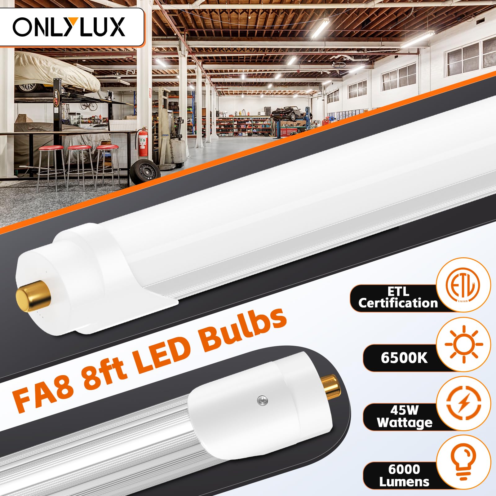 Onlylux 8Ft Led Bulbs,Led Tube Light 8 Foot 45W 6000Lm 6500K, Super Bright,T8 T10 T12 Single Pin Fa8 Lights, Milky Cover,8 Foot