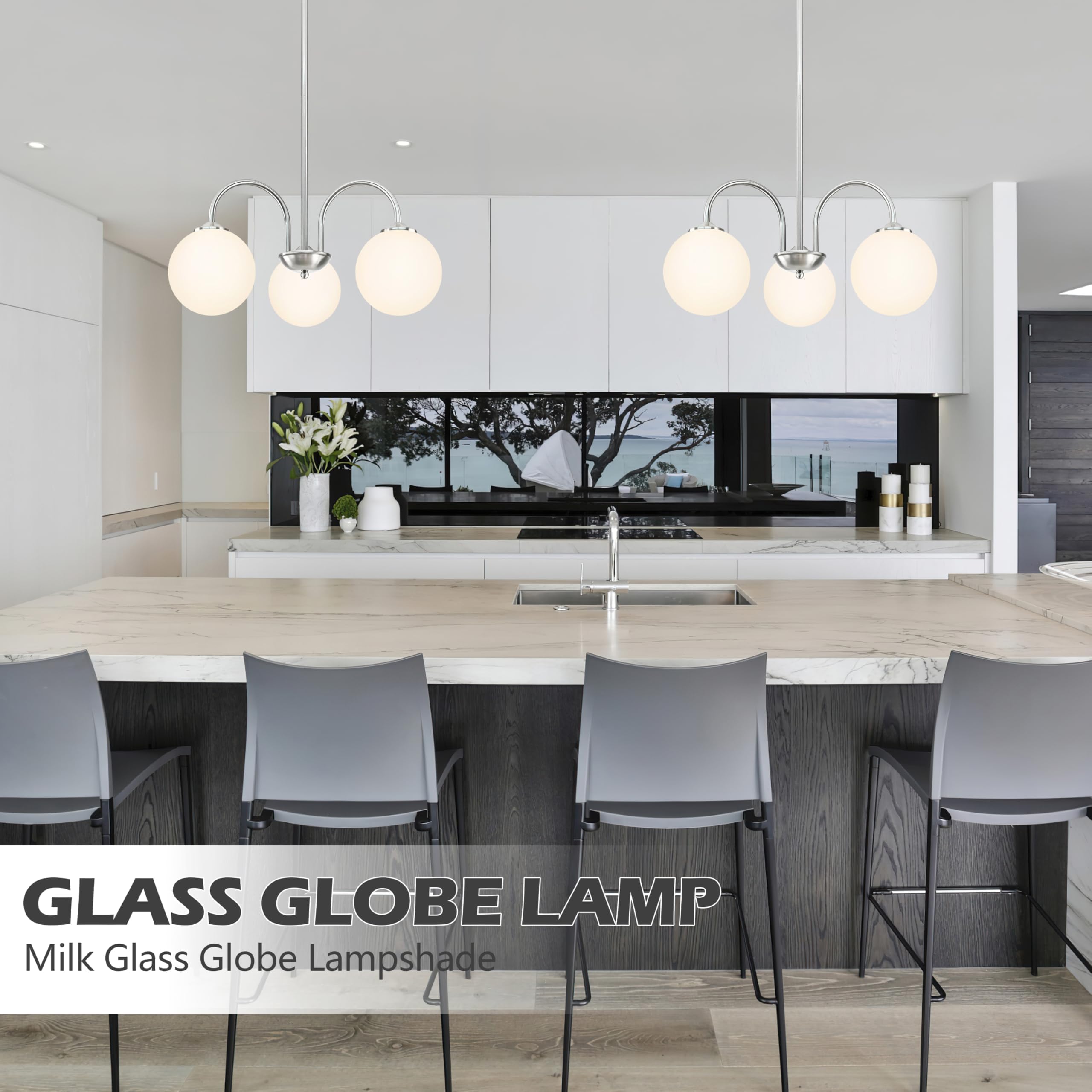 Bagood Nickel Globe Pendant Light 3 Lights Modern Sputnik Chandelier 19.6    Mid Century Modern Light Fixture With Milk Glass Gl