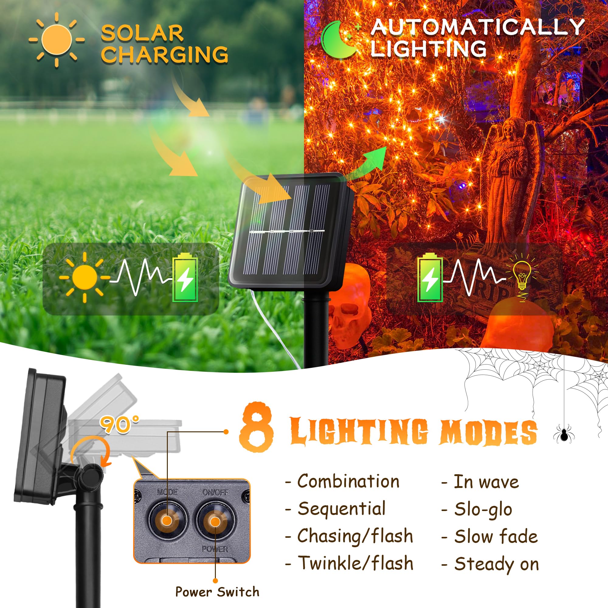 Woohaha Solar Halloween Lights, 33ft 100LED, Copper Wire, 2 Pack, Orange, Model WHSLL-100-33-O-OR