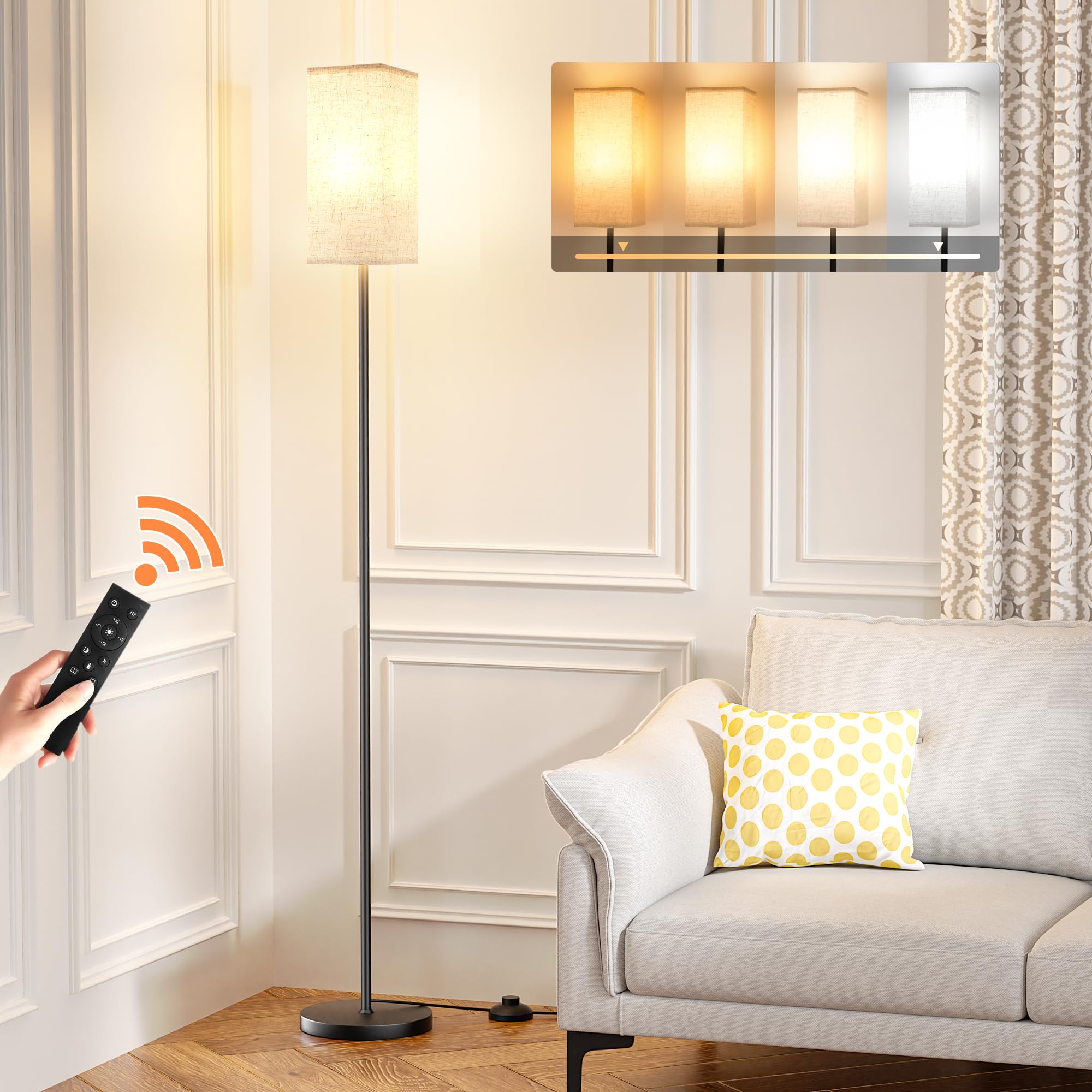 Ambimall Floor Lamps For Living Room & Remote Control, 9W Stepless Dimmable Bulb, Foot Switch, 64'' Tall Standing Lamp, Beige La