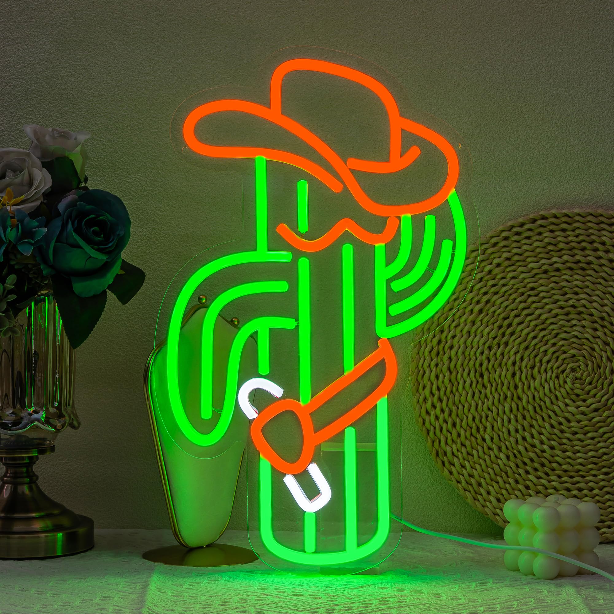 SUYUZUR Cactus Neon Sign - Cowboy Hat LED Wall Decor, Green Acrylic, Model SLY-04, Colorful Lighting for Bedroom, Bar, Game Room