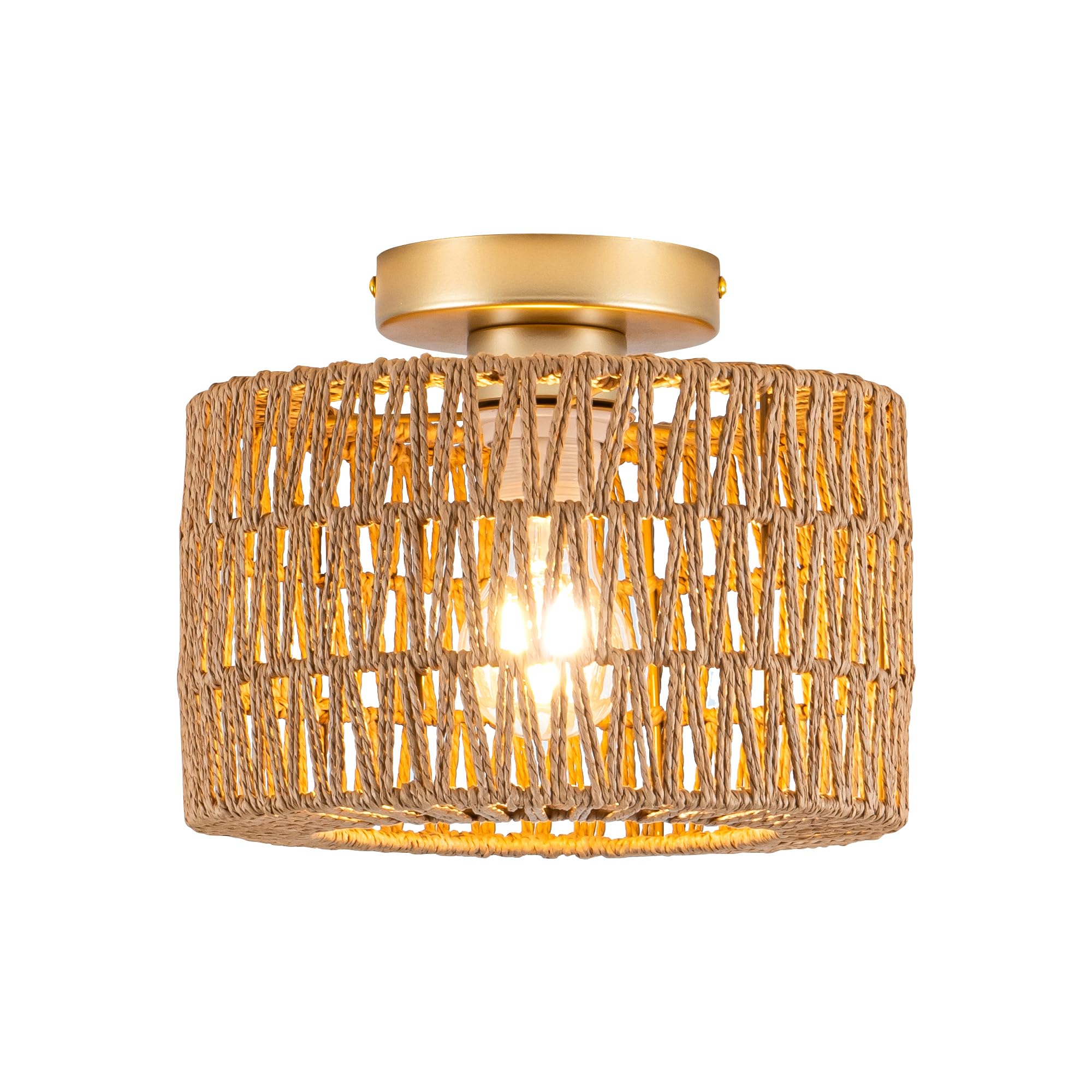 Rattan Ceiling Light, 1 Light Bohemian Modern Woven Flush Mount Ceiling Light, Boho Light Fixture for Bedroom Living Room Dining