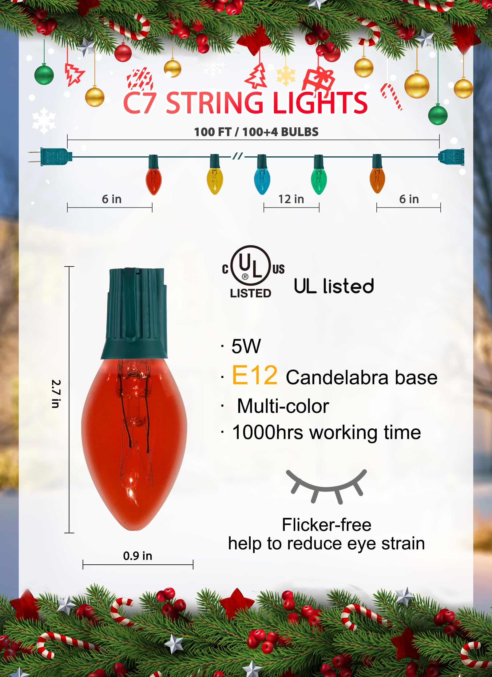 Minetom C7 Multicolor Christmas String Lights - 100ft Outdoor Vintage Lights with 100+4 Spare Bulbs, Green Wire
