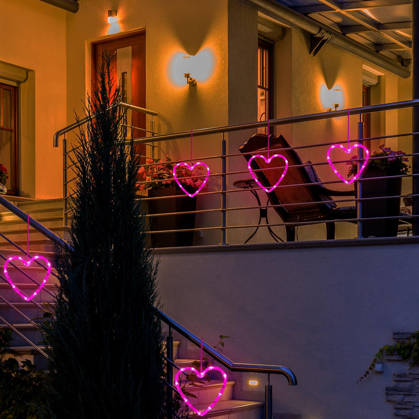 Baquler 5 Pcs Battery Operated Heart LED Lights, Pink, Timed with Suction Cup, Model SIL-Baquler-2028 for Valentines Day Decor