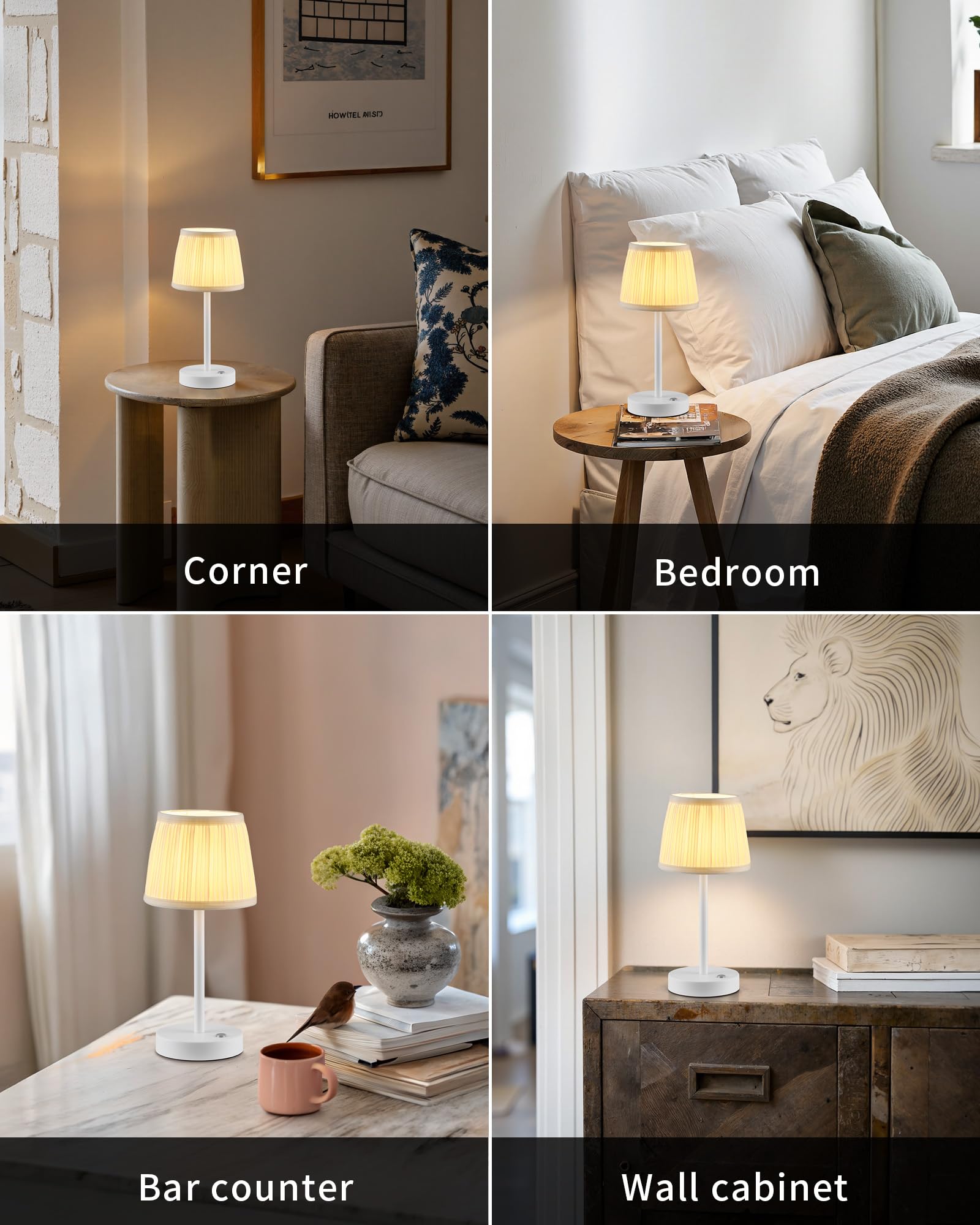 Pusu 2 Pack Cordless Led White Table Lamps  Rechargeable 4000Mah 3 Way Dimmable Bedside Small Lamp With Fabric Shade  Lighting For Bedroom  Kids Room  Bathroom  Kitchen  Decor  Gift  Night Light