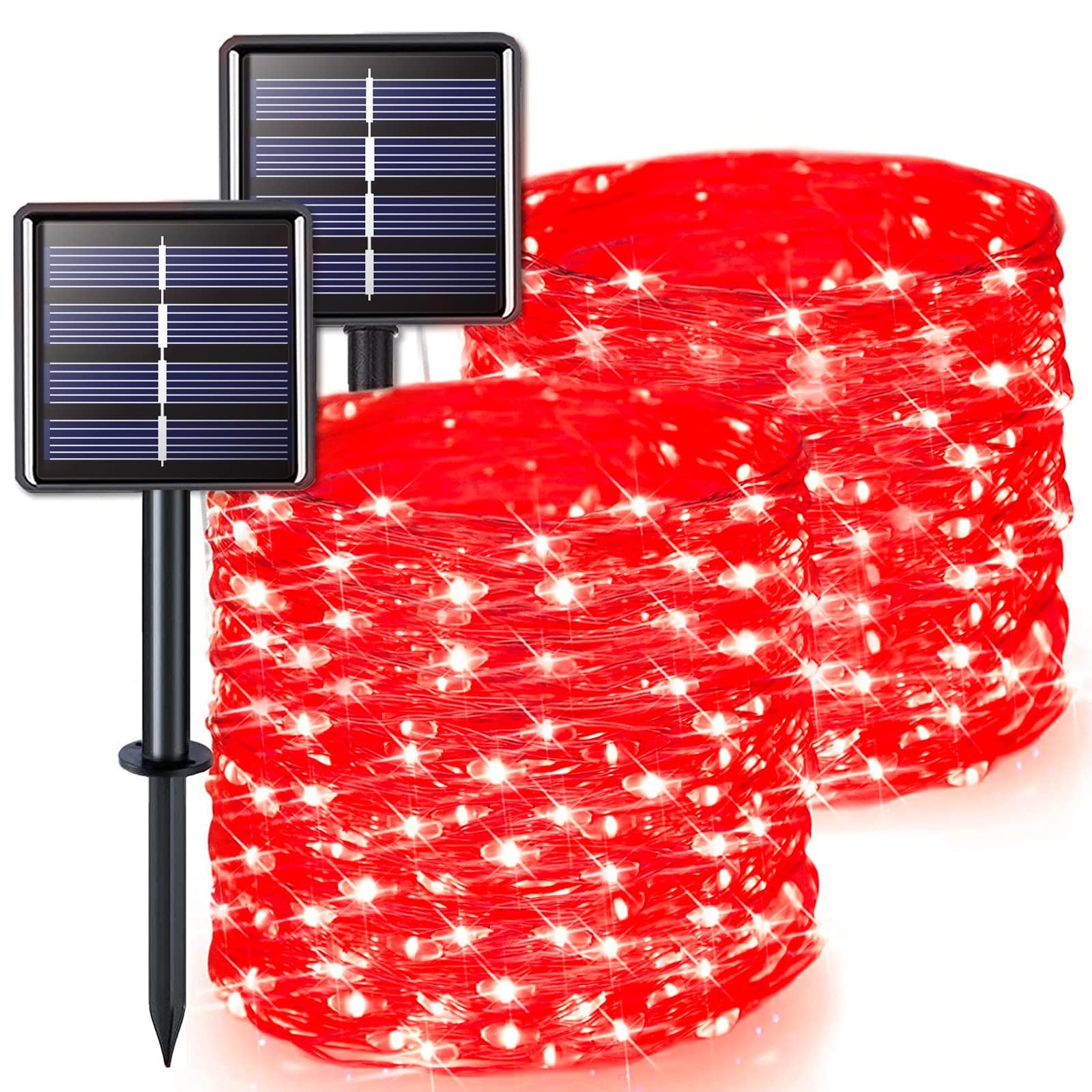 JMEXSUSS Solar String Lights, 200 LED Red Copper Wire, 66ft, Waterproof, 8 Modes, 2 Pack for Outdoor Wedding Party Garden Decorations