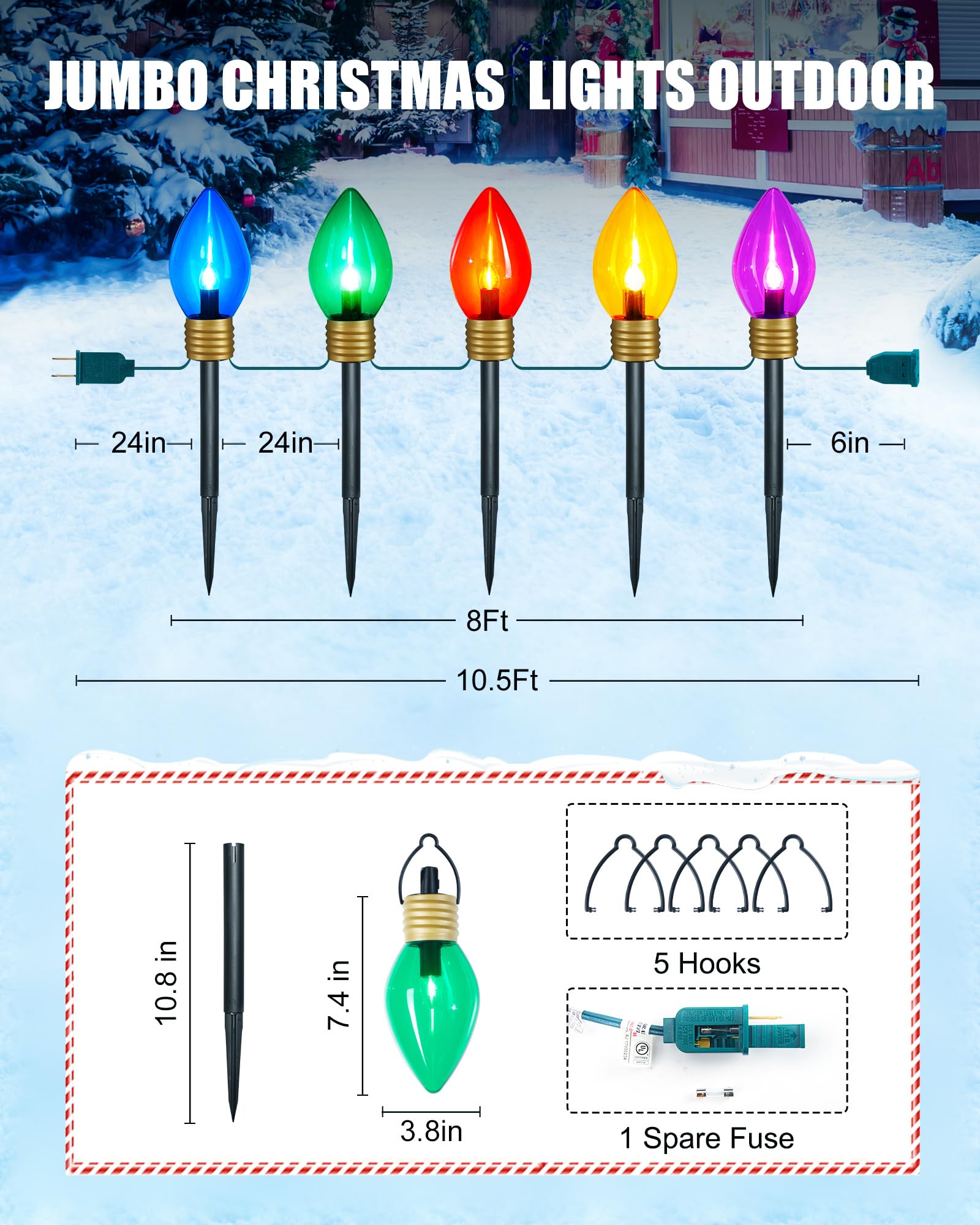 Minetom Christmas Lights Jumbo C9 Outdoor Lawn Decorations with Pathway Marker Stakes, 8.5 ft C7 Lights Covered Jumbo Glitter Mu