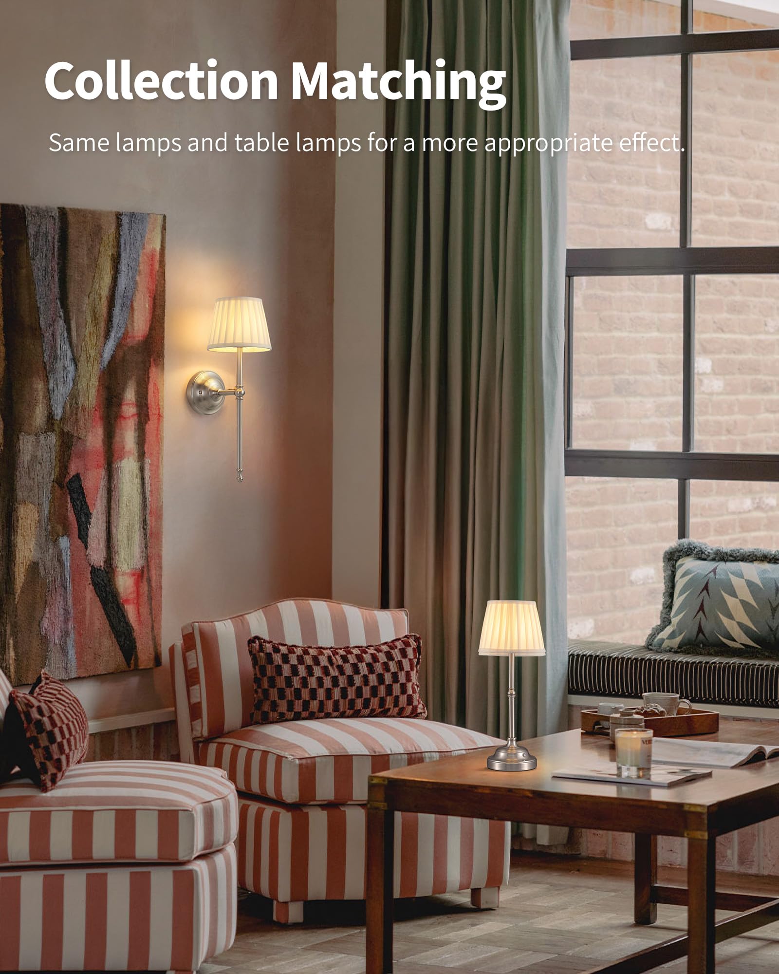 KDG Cordless Wall Sconces Set of 2, Rechargeable LED Lamps, Nickel + Beige, Model AMZ-TBL-034