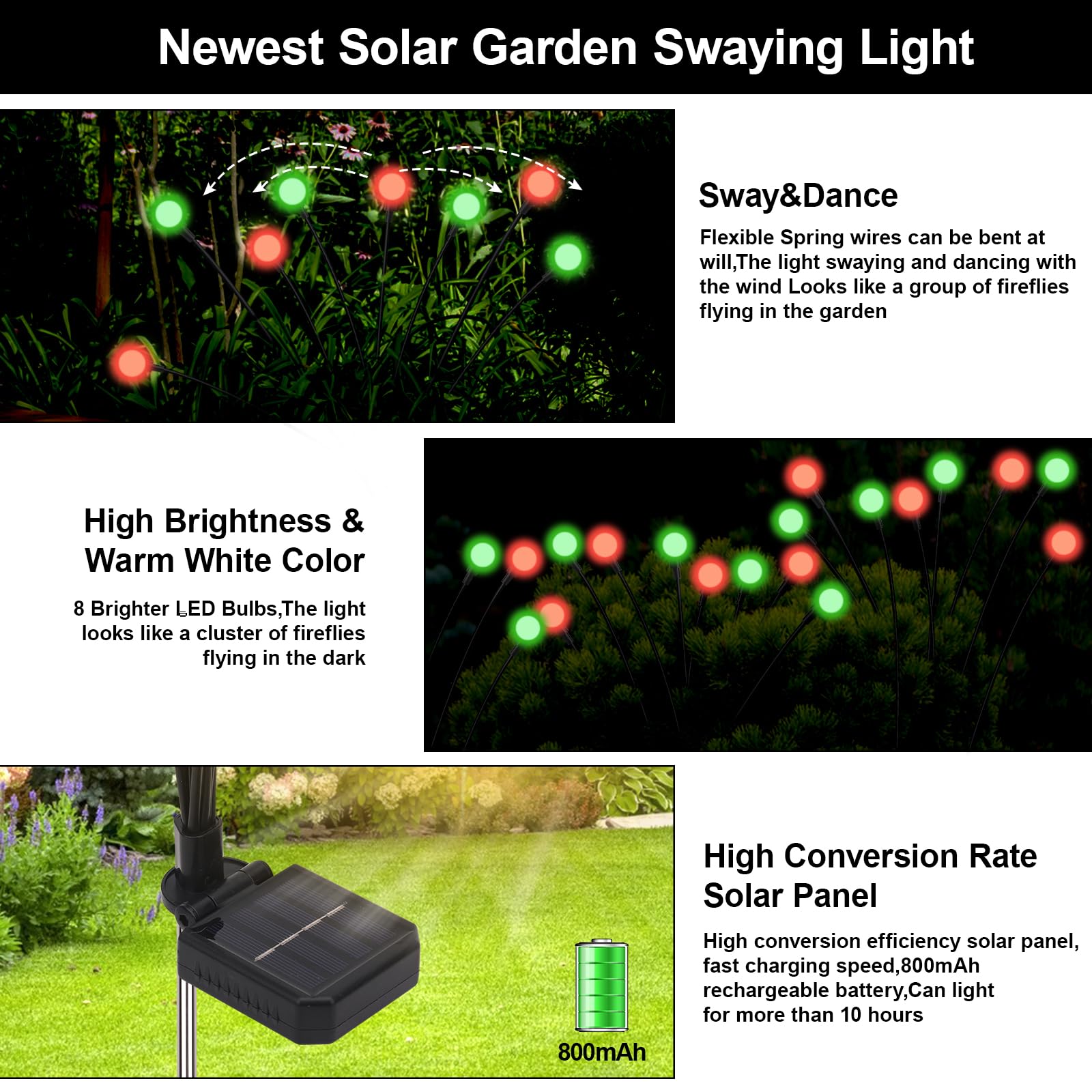 Galavasen Solar Firefly Lights Outdoor Waterproof; 8 Modes Red And Green Firefly Swaying Solar Garden Lights For Outside Yard Pa