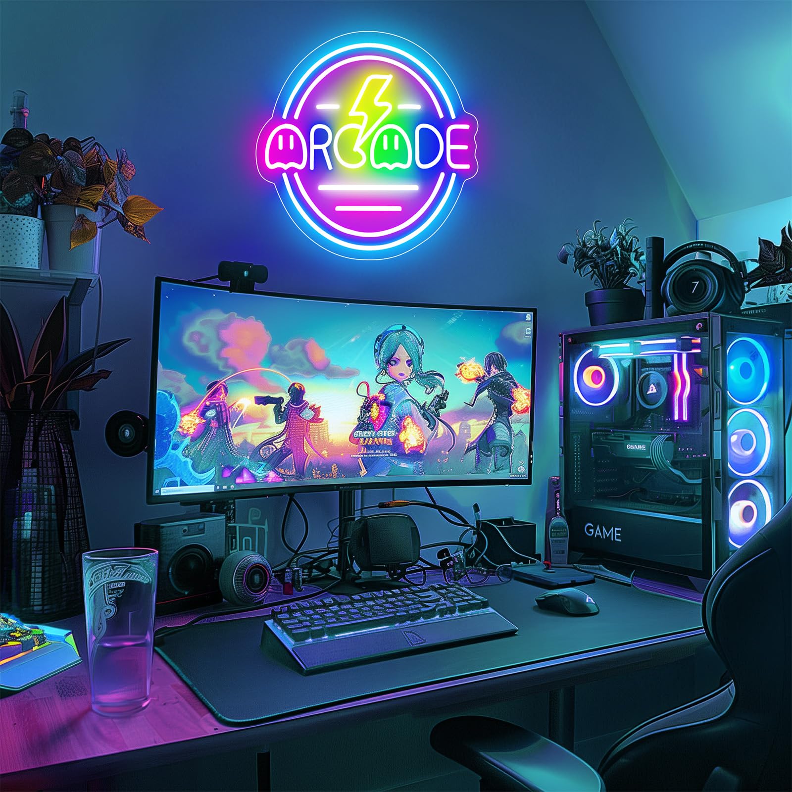 Basaneon Gamer Neon Sign, Dimmable LED Wall Decor, 13.3inx13.3in, C-Arcade, Model ZF-ARCADE, USB Powered, Best Gifts for