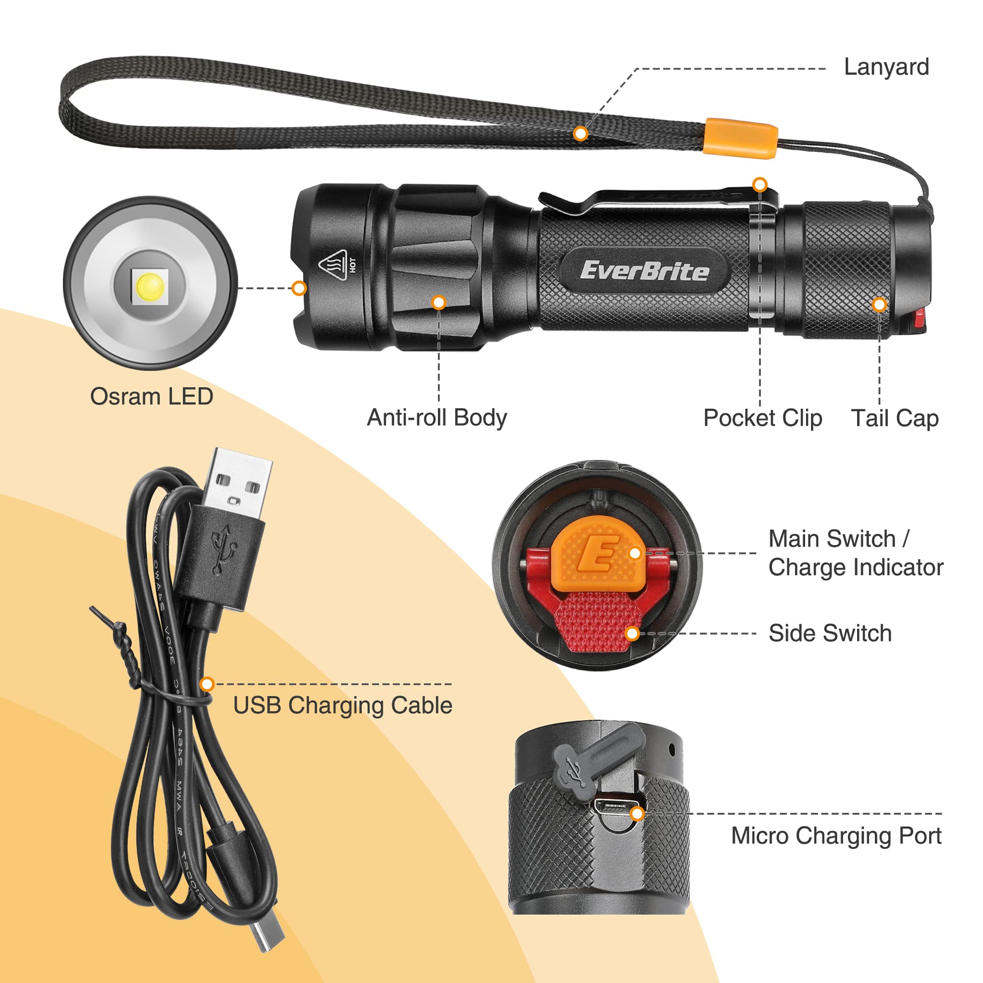 EverBrite LED Tactical Flashlight 750 Lumens Rechargeable 6 Modes Aluminum Black E011153