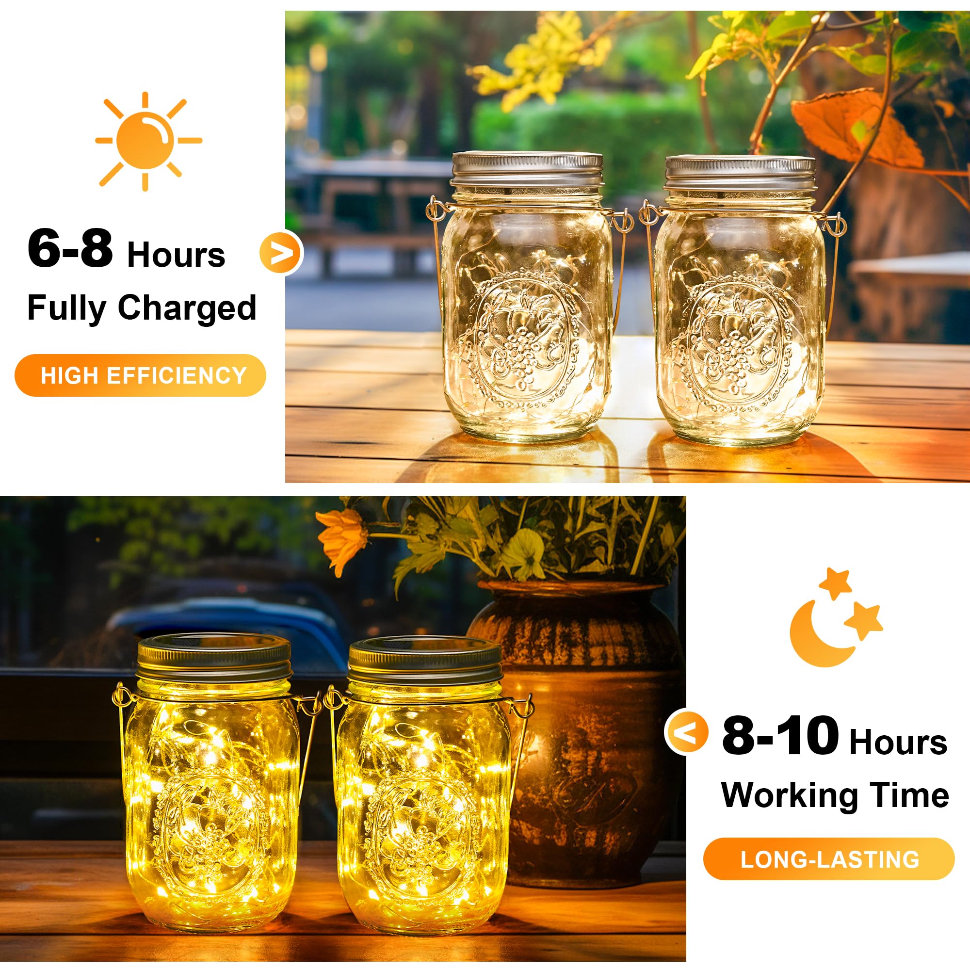 Gigalumi Hanging Mason Jar Solar Lights, 6 Pack 30 Led Tinplate Lids Hanging Solar Lanterns Outdoor Waterproof, Hangers And Jars