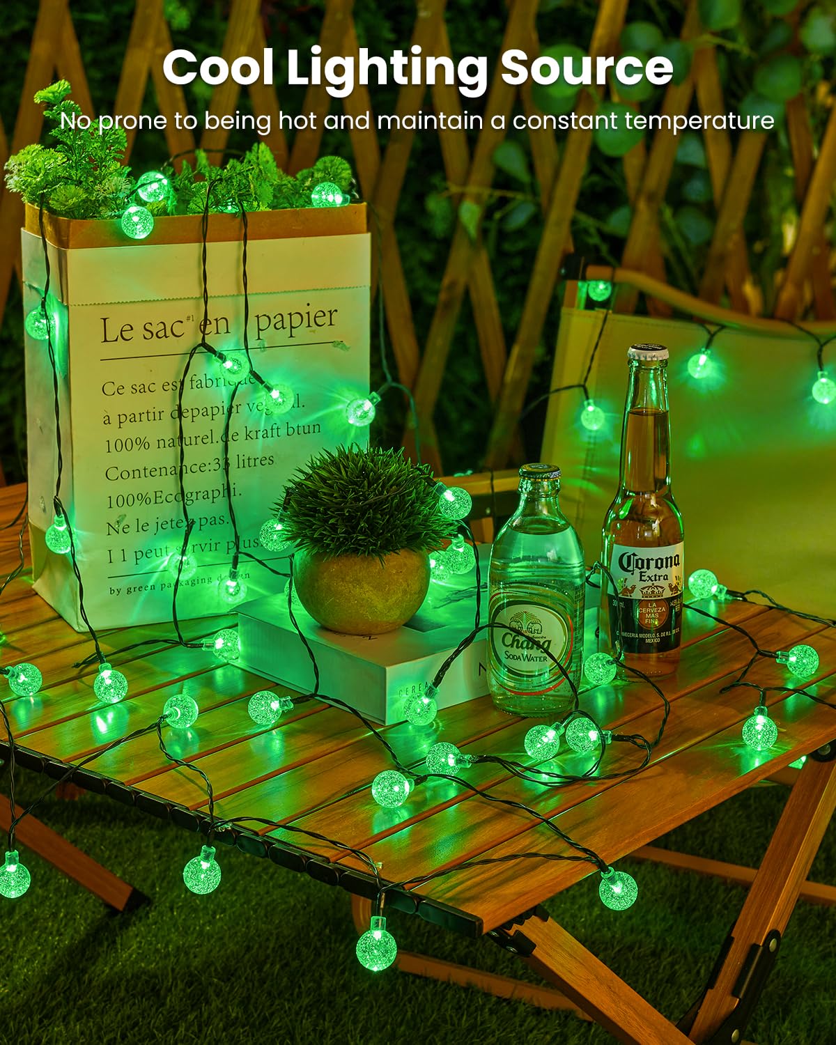 Brightown Solar String Lights, 60 LED, 35.6ft, Waterproof Crystal Globe, 8 Lighting Modes, Green, Model DY-SB-1-60