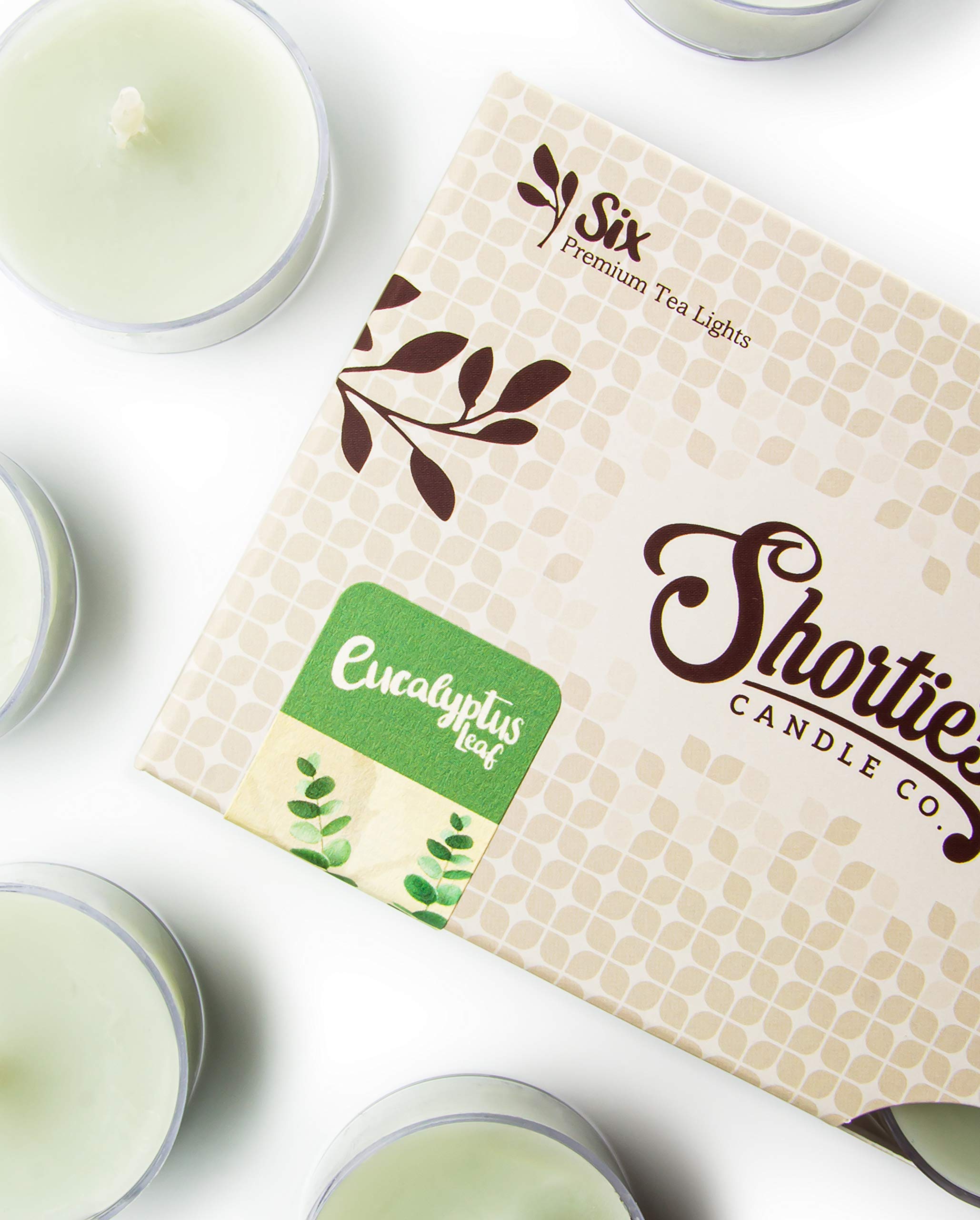 Eucalyptus Leaf Tealight Candles by Shortie's Candle Company - 6 Highly Scented Green Tea Lights - Made in the USA - Fresh & Clean Collection