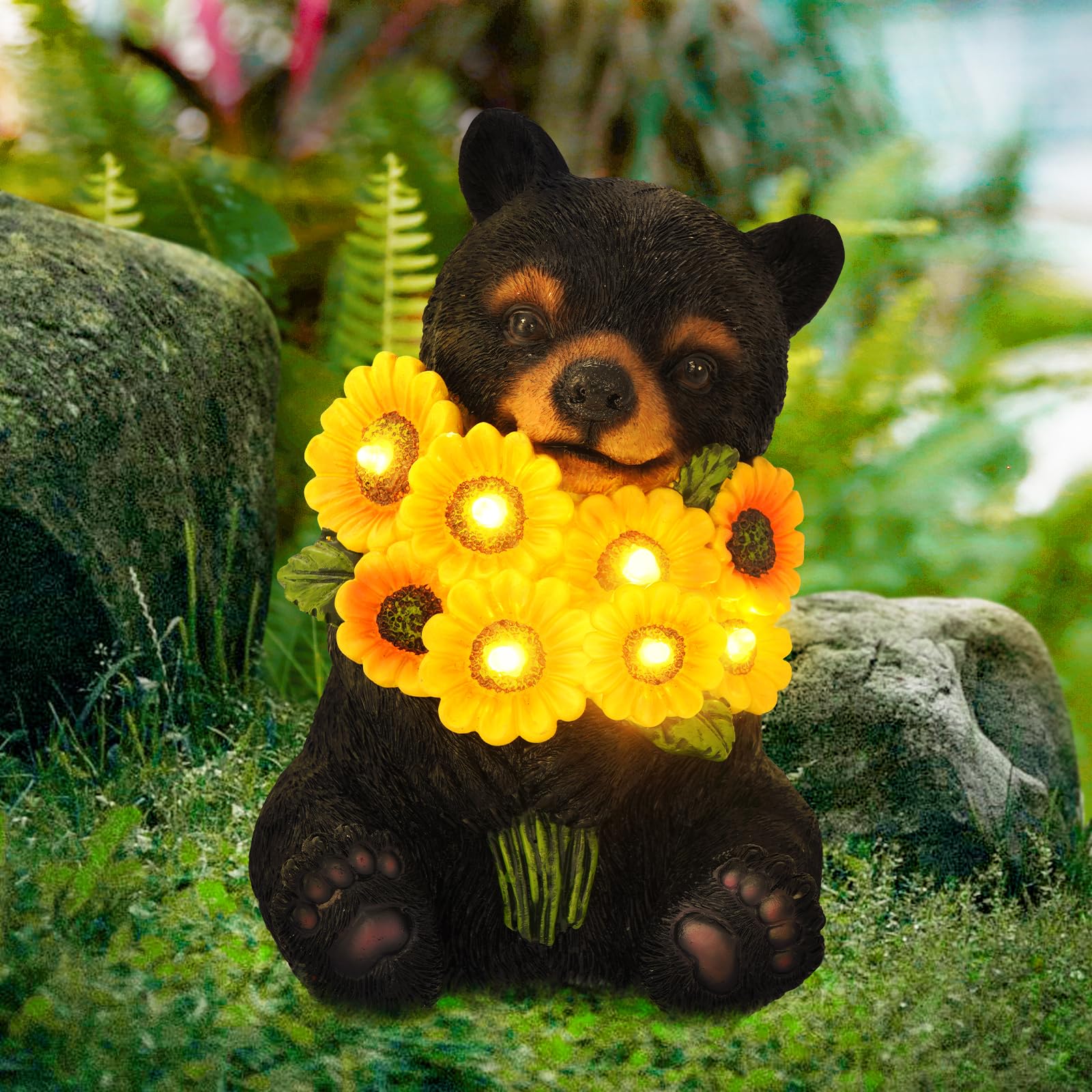 ILLUMINEW Solar Garden Lights Outdoor Statues Black Bear with Sunflowers, Sculpture Decor Mother Gifts for Women, Men or Daughte