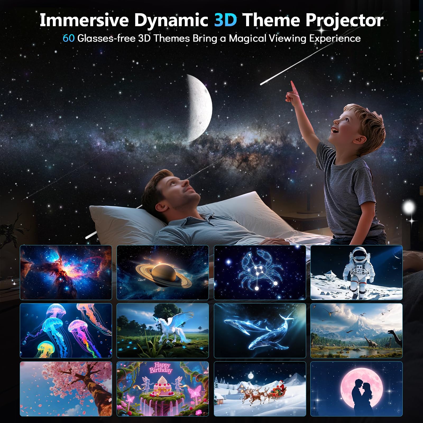 Rossetta 3D Galaxy Projector with Bluetooth Speaker, 60 Themes, Gray, Night Light for Home Decor, Party & Gifts