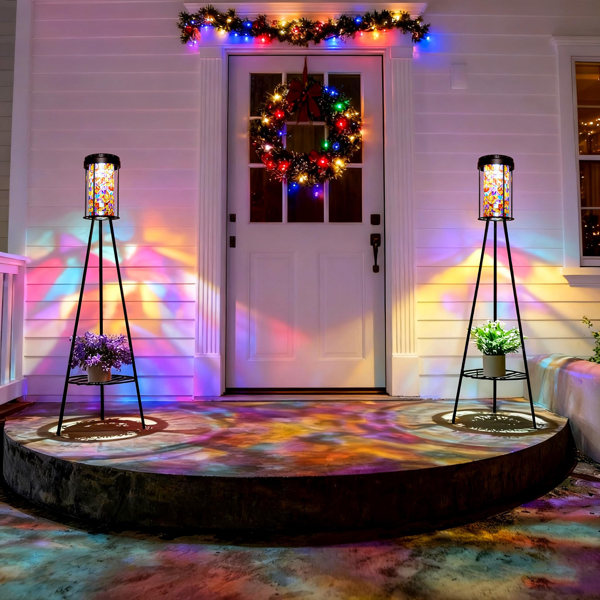 Outdoor Lamps for Patio 2 Pack, Outdoor Floor Lamp with Plant Stand, Solar Powered RGB Outdoor Lights, Waterproof Standing Lamp 