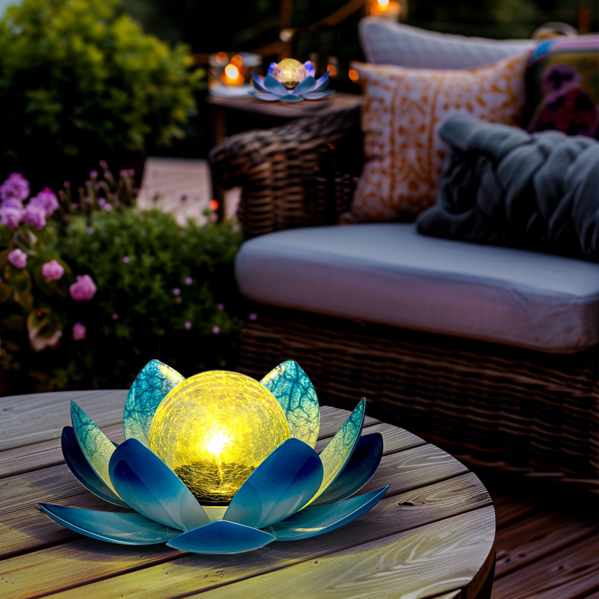 GIGALUMI Solar Light Outdoor Garden Decor, Lotus Flower Light Crackle Globe Glass Lantern Outdoor Table Decor Waterproof for Pat