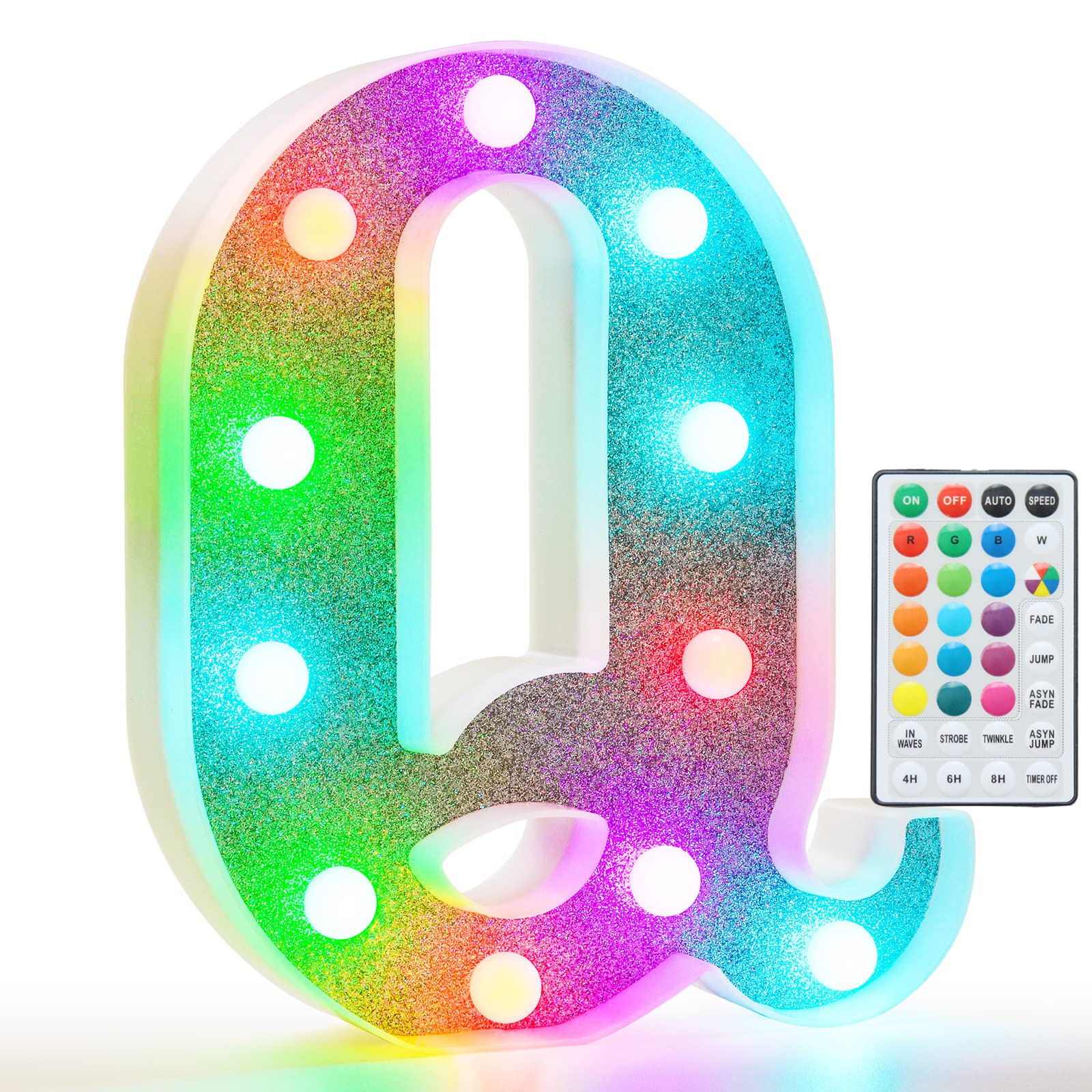 Pooqla LED Letter Lights Marquee Signs - 18 Colors, Battery Powered, Glitter Silver Q, Plastic, Remote Control