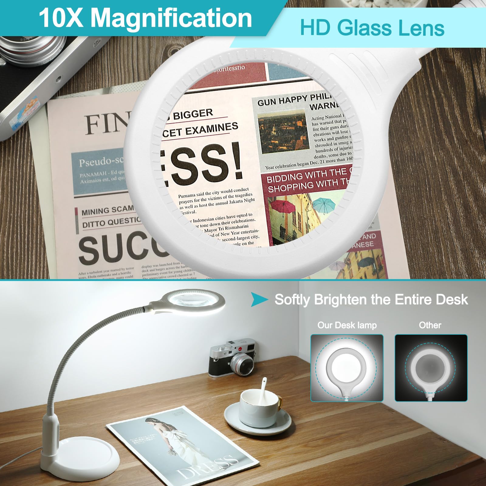 TOMSOO 10X Magnifying Glass with Light, Stepless Dimmable, Flexible Gooseneck, White, Model MG-04