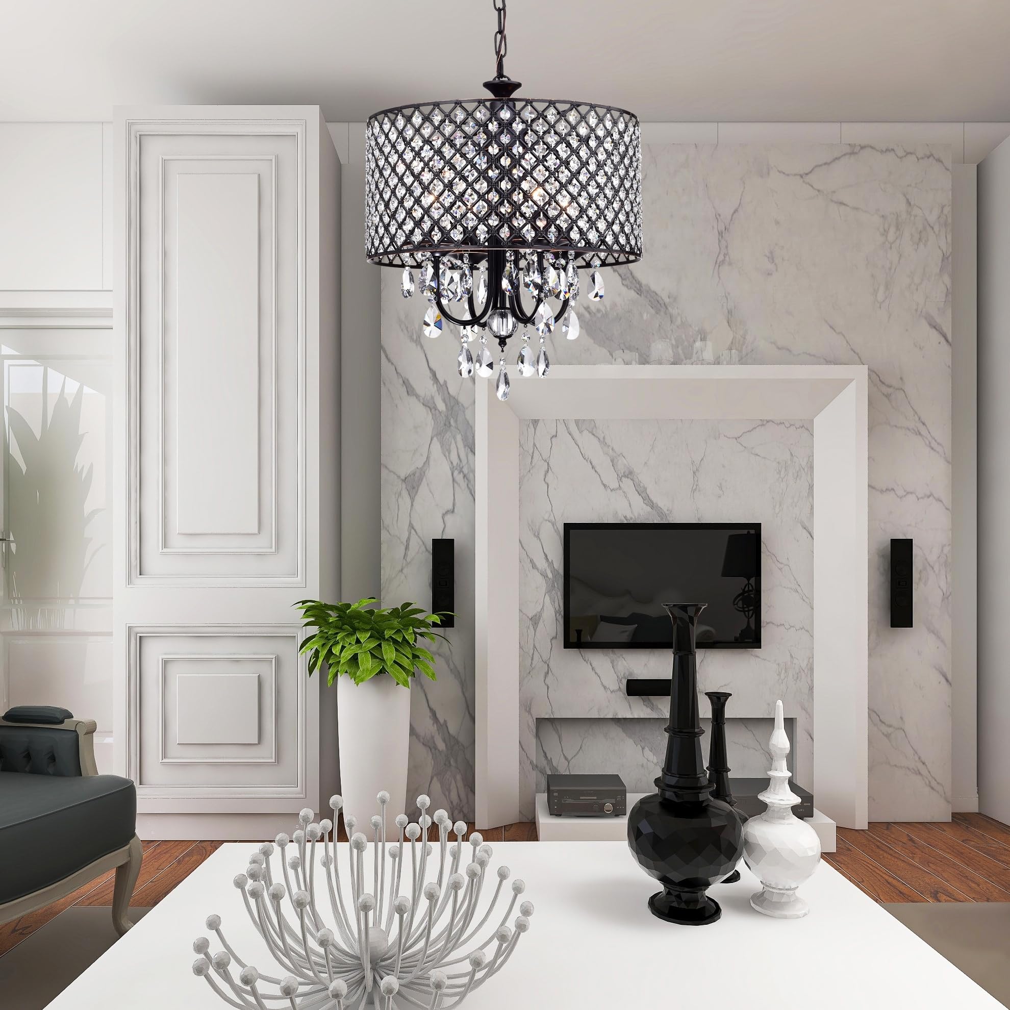 Edvivi Marya 4-Light Drum Crystal Chandelier, Oil-Rubbed Bronze, Adjustable Ceiling Light For Dining Room, Living Room, Bedroom