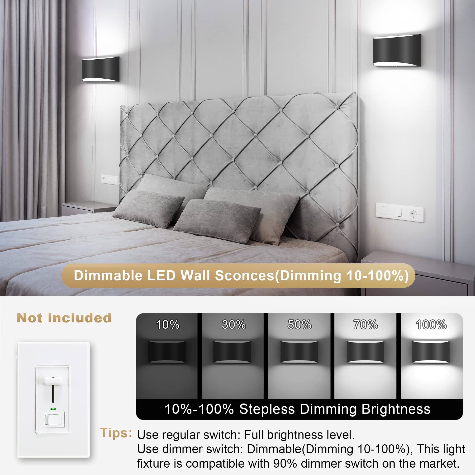 Trlife Modern Wall Sconces, 3000K/4000K/6000K Selectable And Dimmable Led Wall Sconce 12W Aluminum Wall Mounted Light Hardwired Wall Sconces For Bedroom Bedside Living Room Hallway(Black, 1 Pack)