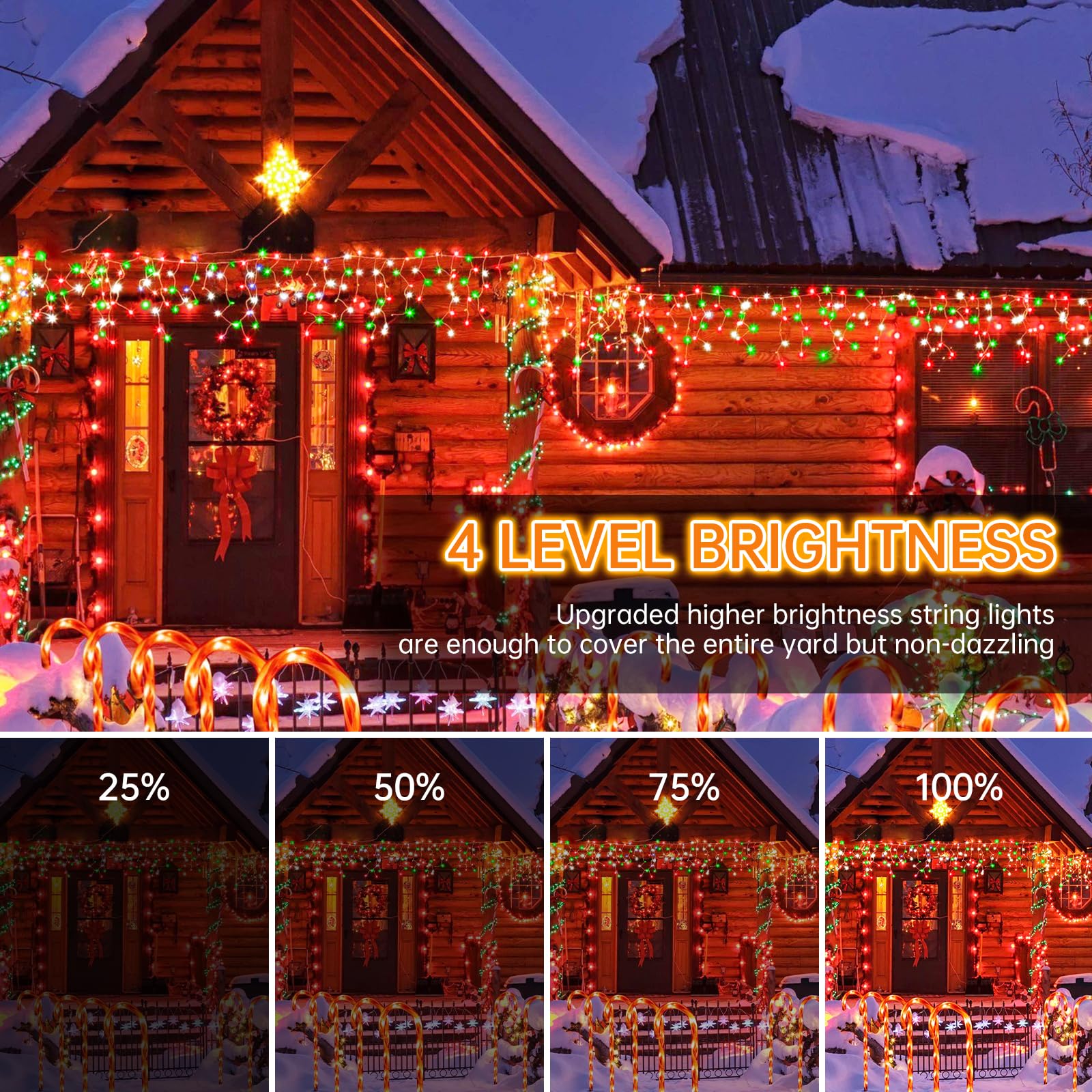 Pgup 124Ft 1200 Led Christmas Lights Decoration Outdoor, Red+Green+White Christmas Lights 8 Modes Timer Curtain Fairy Light With