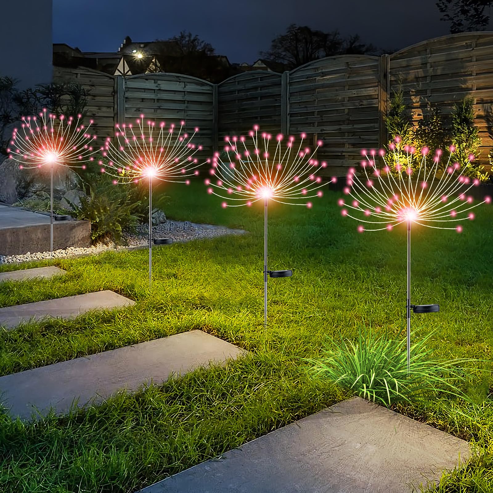 Yotozu 4 Pcs Solar Firework Light  Outdoor Solar Garden Decorative Lights 120 Led Powered 40 Copper Wires String Diy Landscape Light For Walkway Pathway Backyard Decoration Parties Perfect Gifts(Pink)