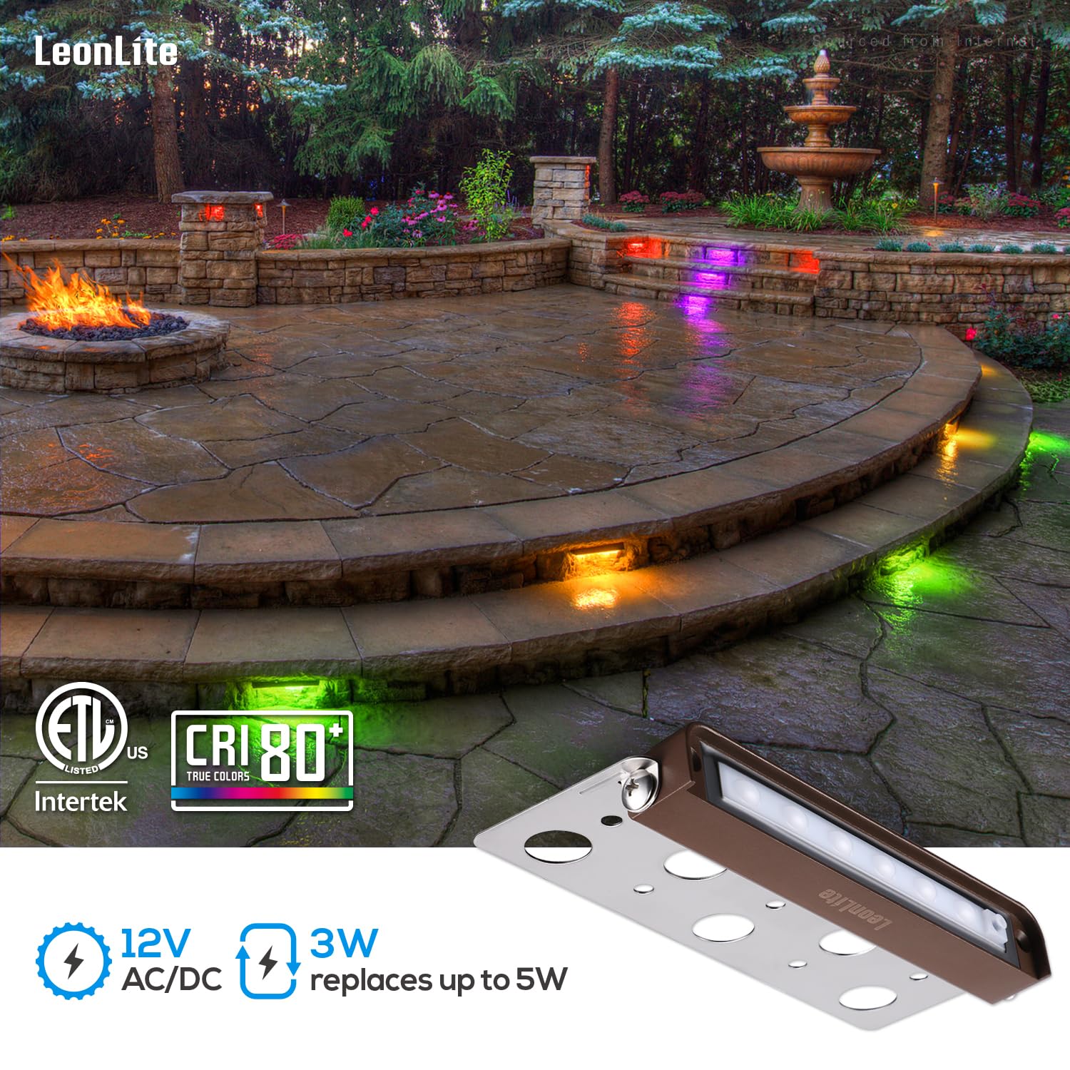 LEONLITE 7 Inch RGB LED Hardscape Lighting, 3W Color Changing Step Lights, Die-casted Aluminum, Model 34368, 12V-24V AC/DC