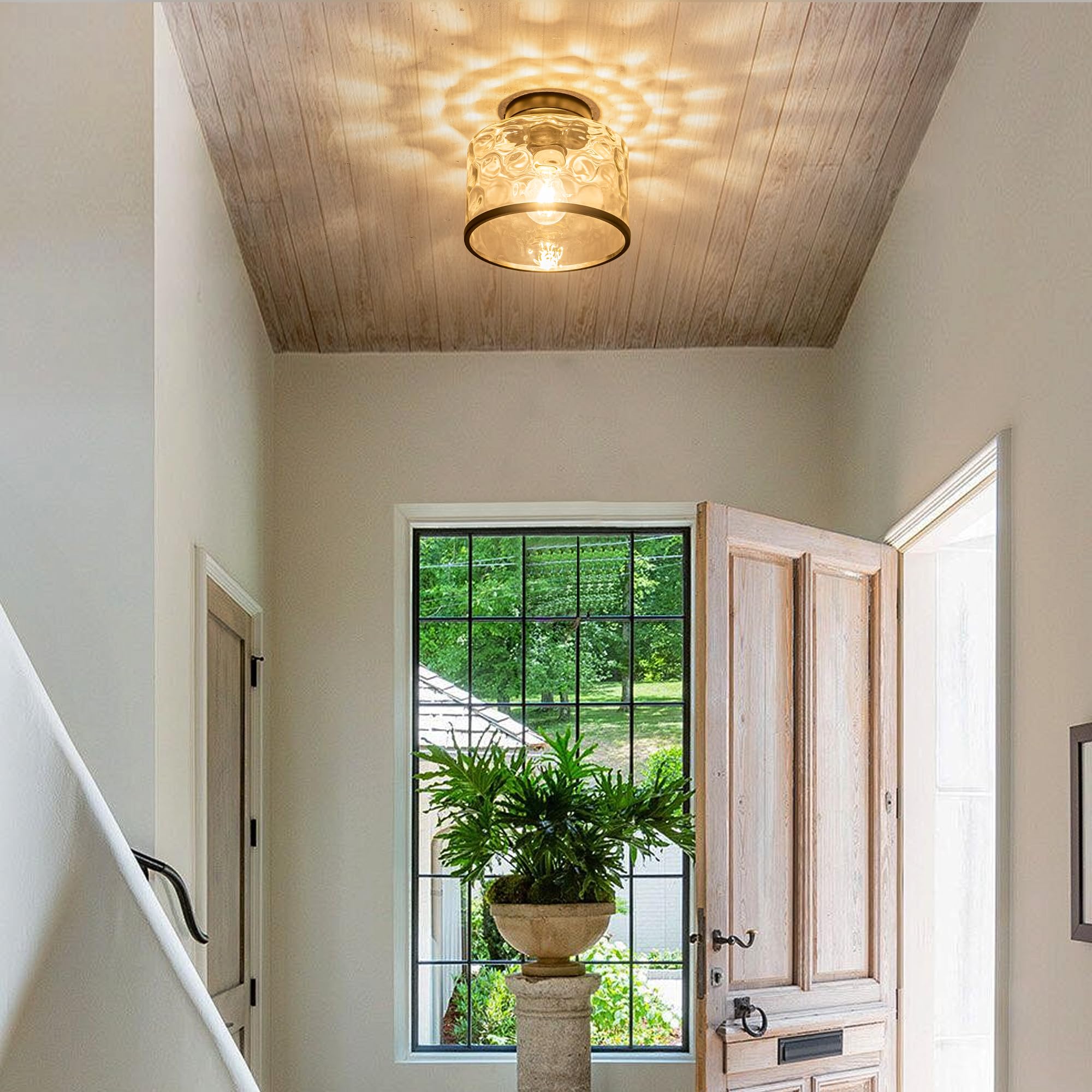 Zlepmlla Industrial Semi Flush Mount Ceiling Light Clear Hammered Glass Ceiling Light Fixture, Modern Lighting For Hallway Porch Kitchen Bathroom Bedroom < Bulb Not Included >