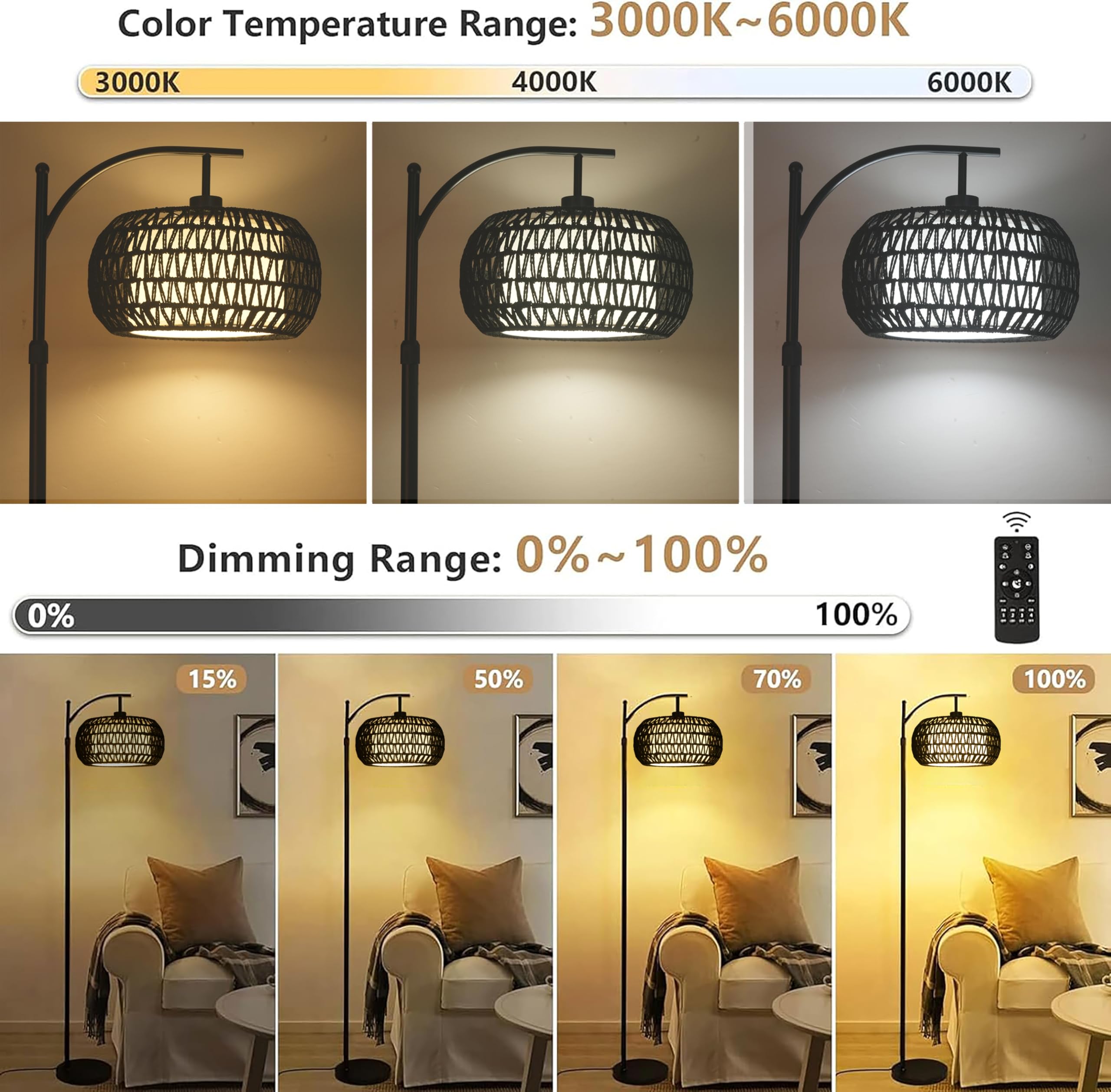 Zecoxol Arc Floor Lamp With 3 Color Temperatures,Black Floor Lamp With Remote Control, Boho Standing Lamp With Rattan Wicker Sha