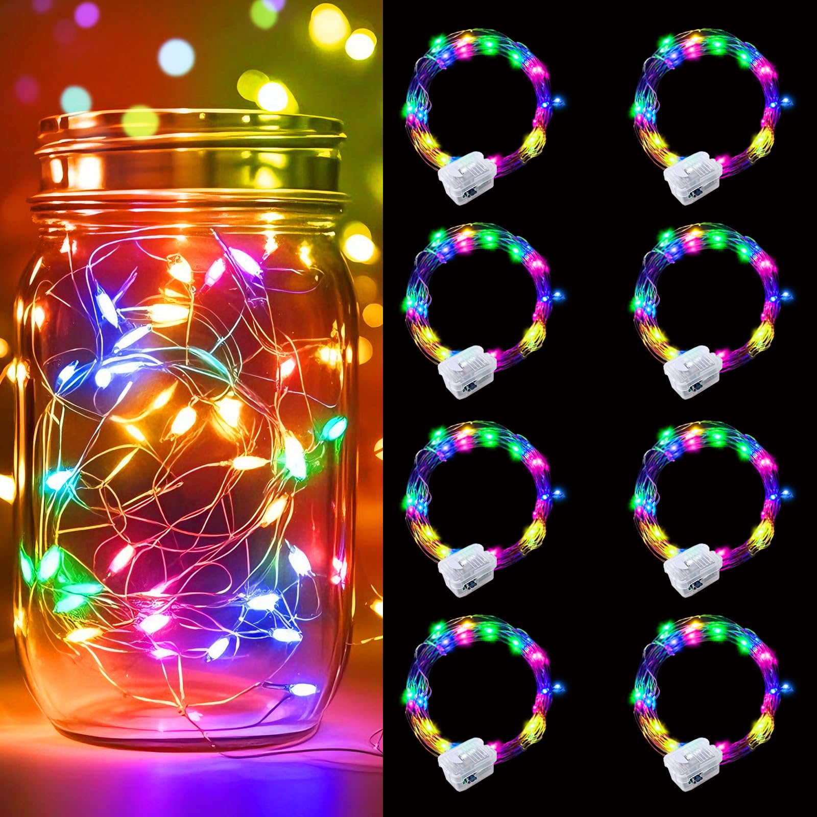 pozzolanas 8 Pack Multicolor Battery Operated String Lights - 7ft Waterproof Fairy Lights with 20 LEDs for Home, Mason Jar, Part