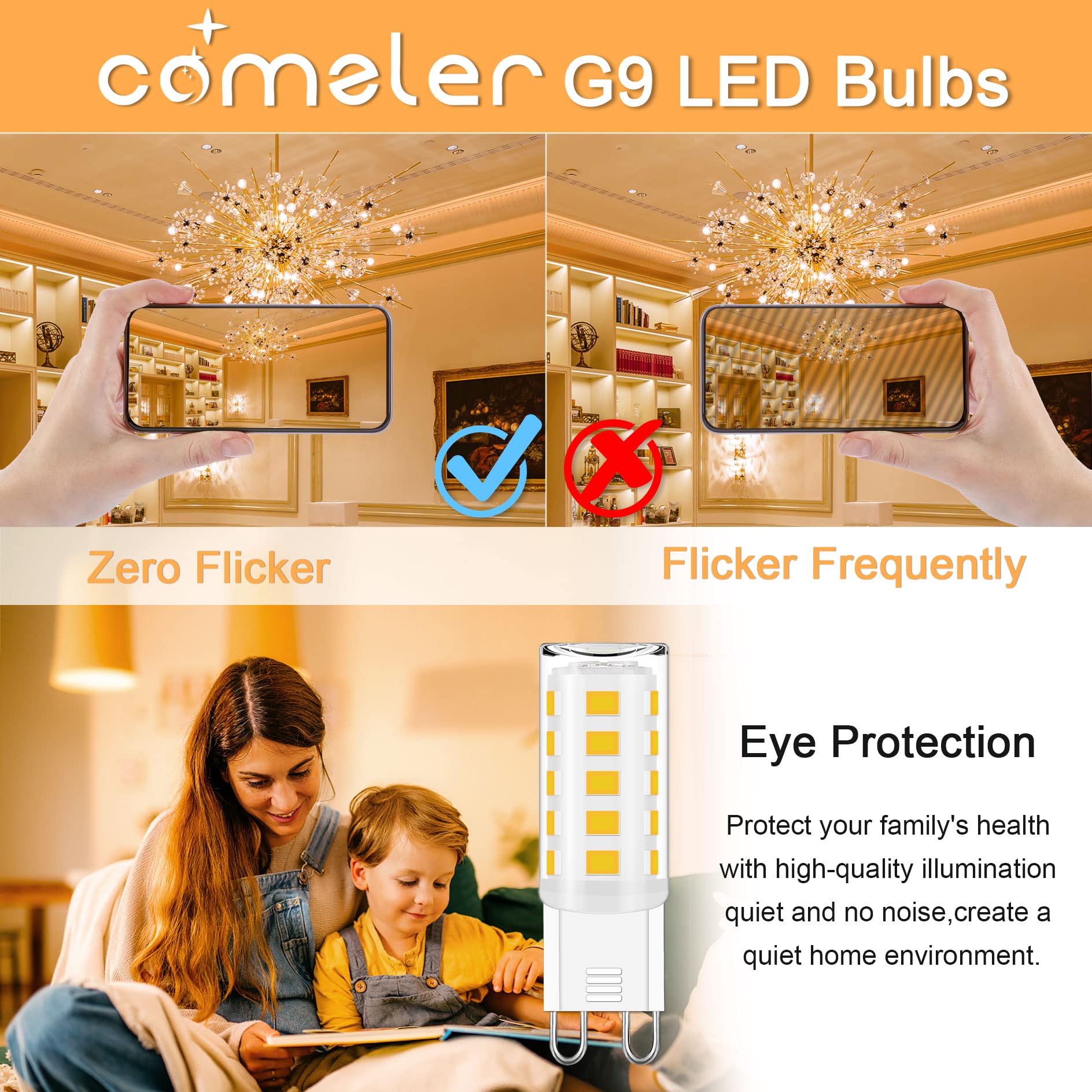 Comzler G9 Led Bulb 3000K Warm White, 40 Watt Halogen Equivalent G9 Light Bulb, G9 Bi Pin Base Chandelier Light Bulbs, Cri80 400