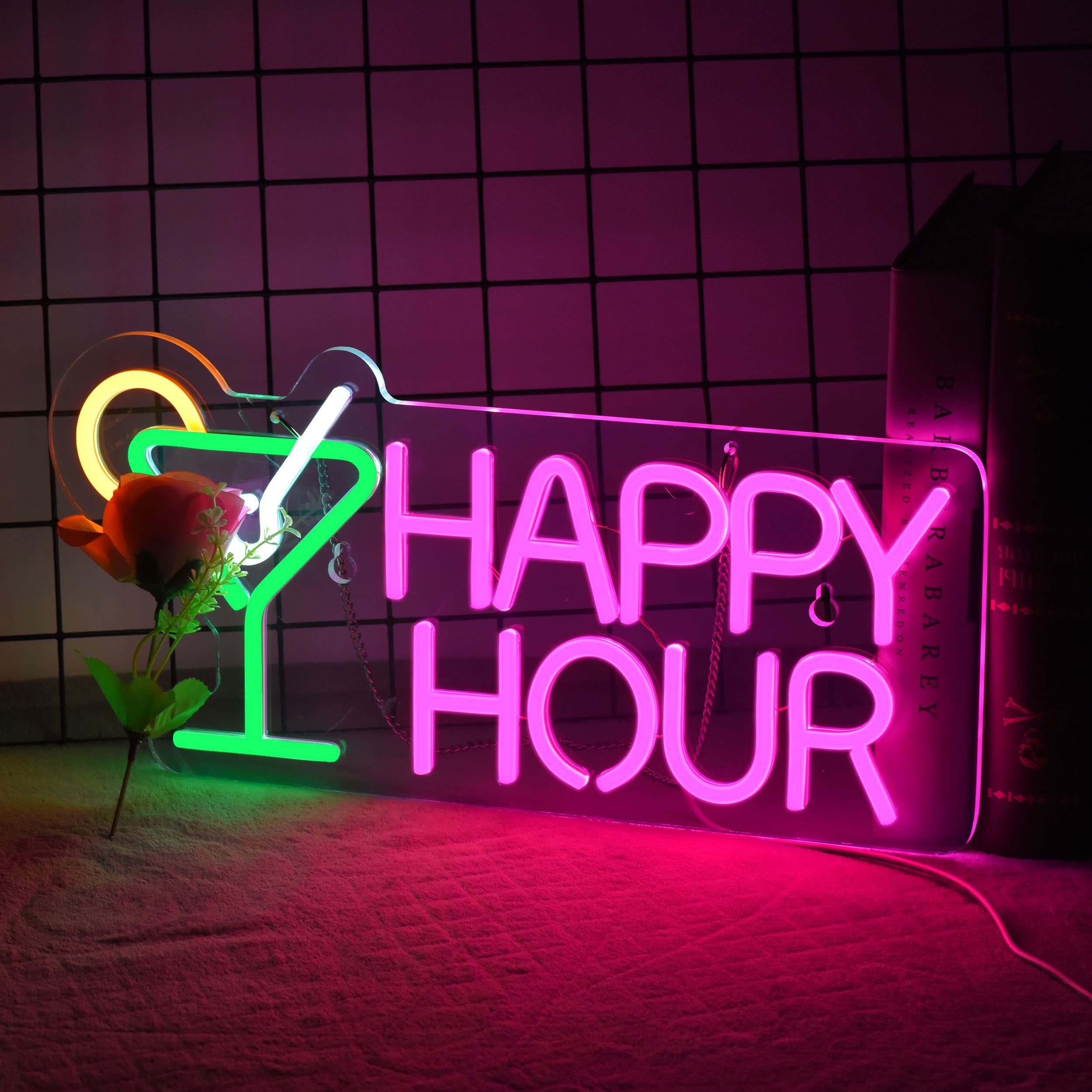 Roouneon Green+Pink Cocktails Neon Sign With Dimmable Switch For Bar, Bedroom, Party Decor
