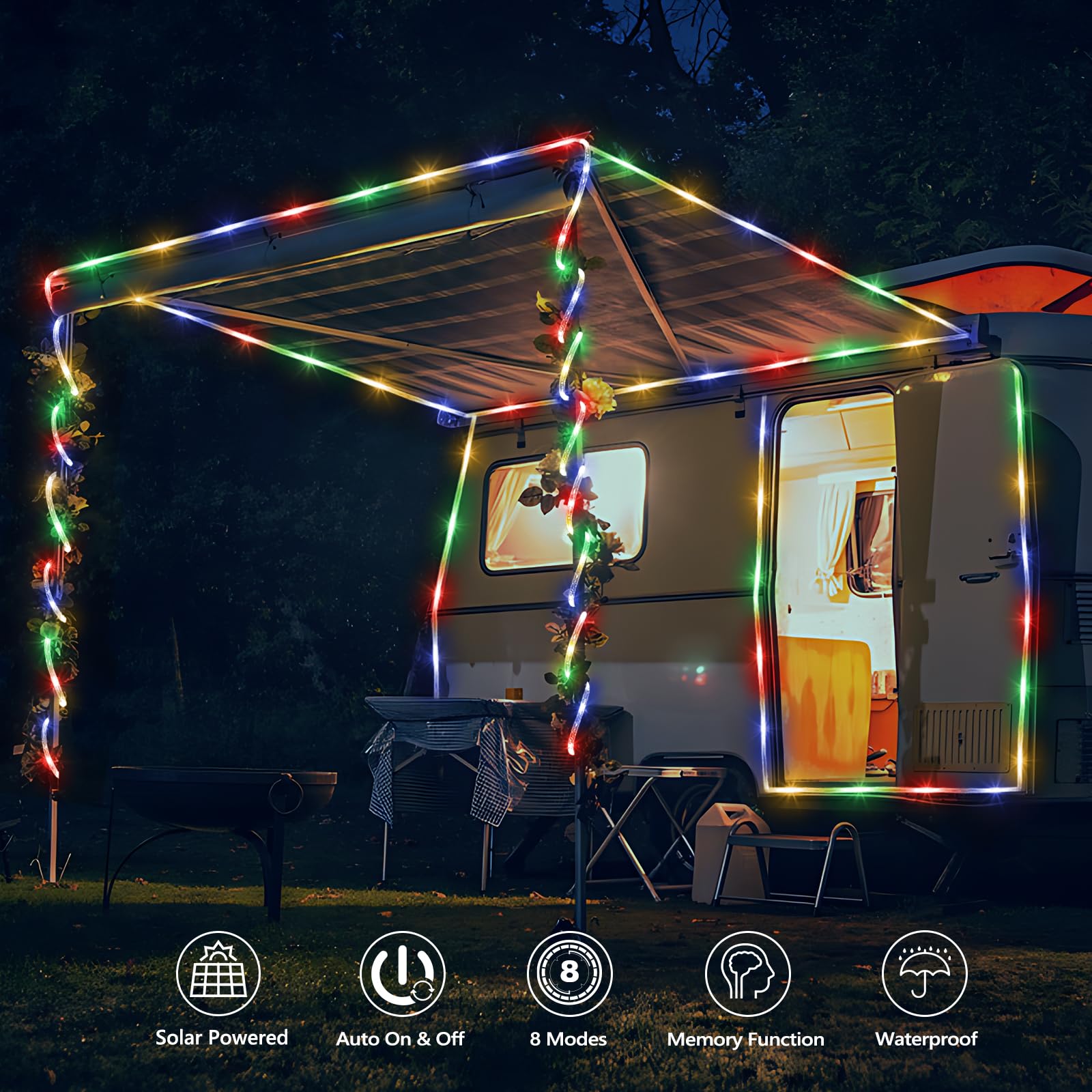 Solar Rope Lights, 66Ft 200Led Solar String Lights, 8 Modes Waterproof Solar Powered Outdoor Lights, Flexible Clear Tube Lights