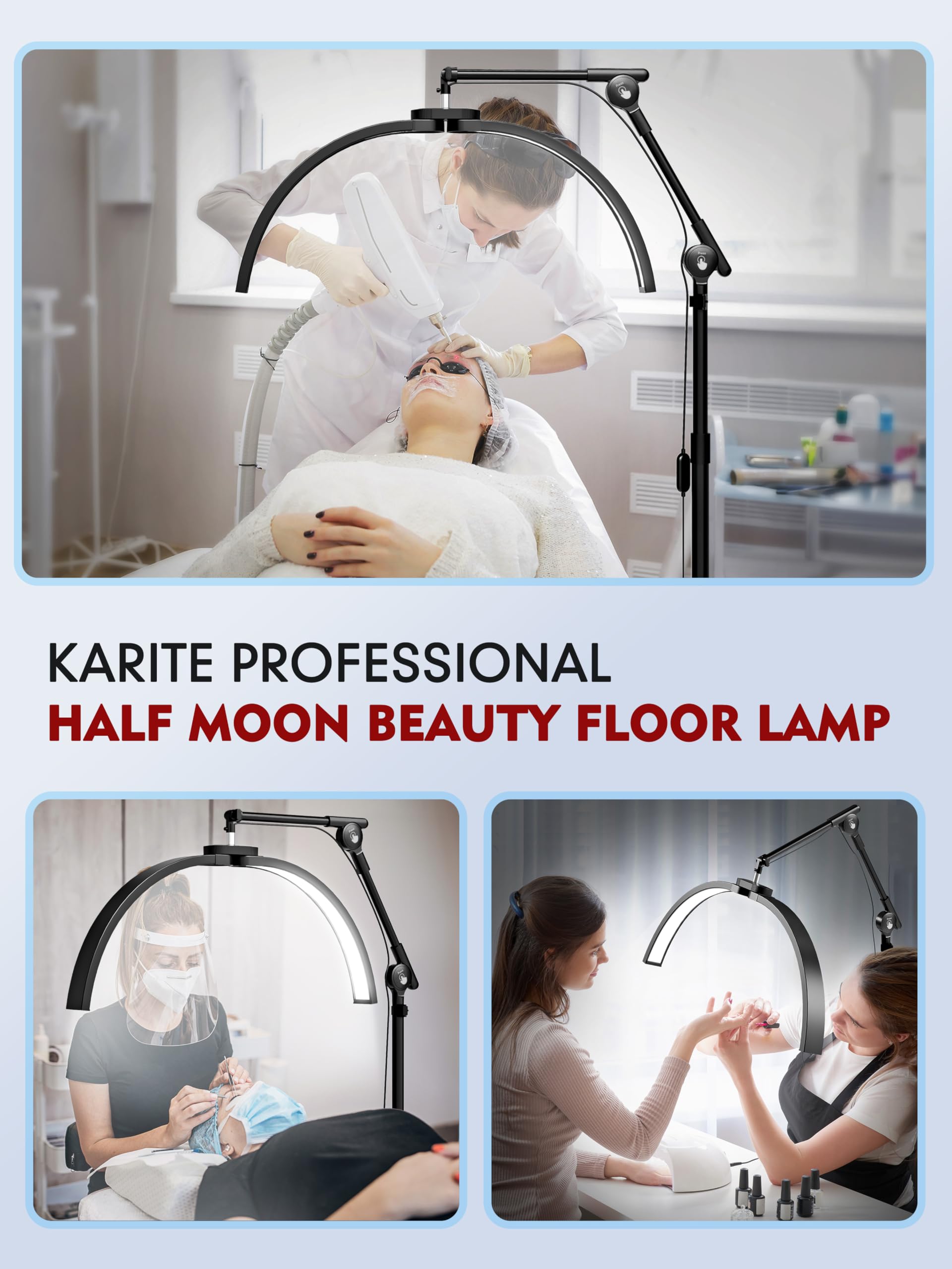 Karite Half Moon Light For Lash Tech, Led Floor Lamp For Eyelash Extensions With Phone Holder, Adjustable Angle(3 Joints) & Heig