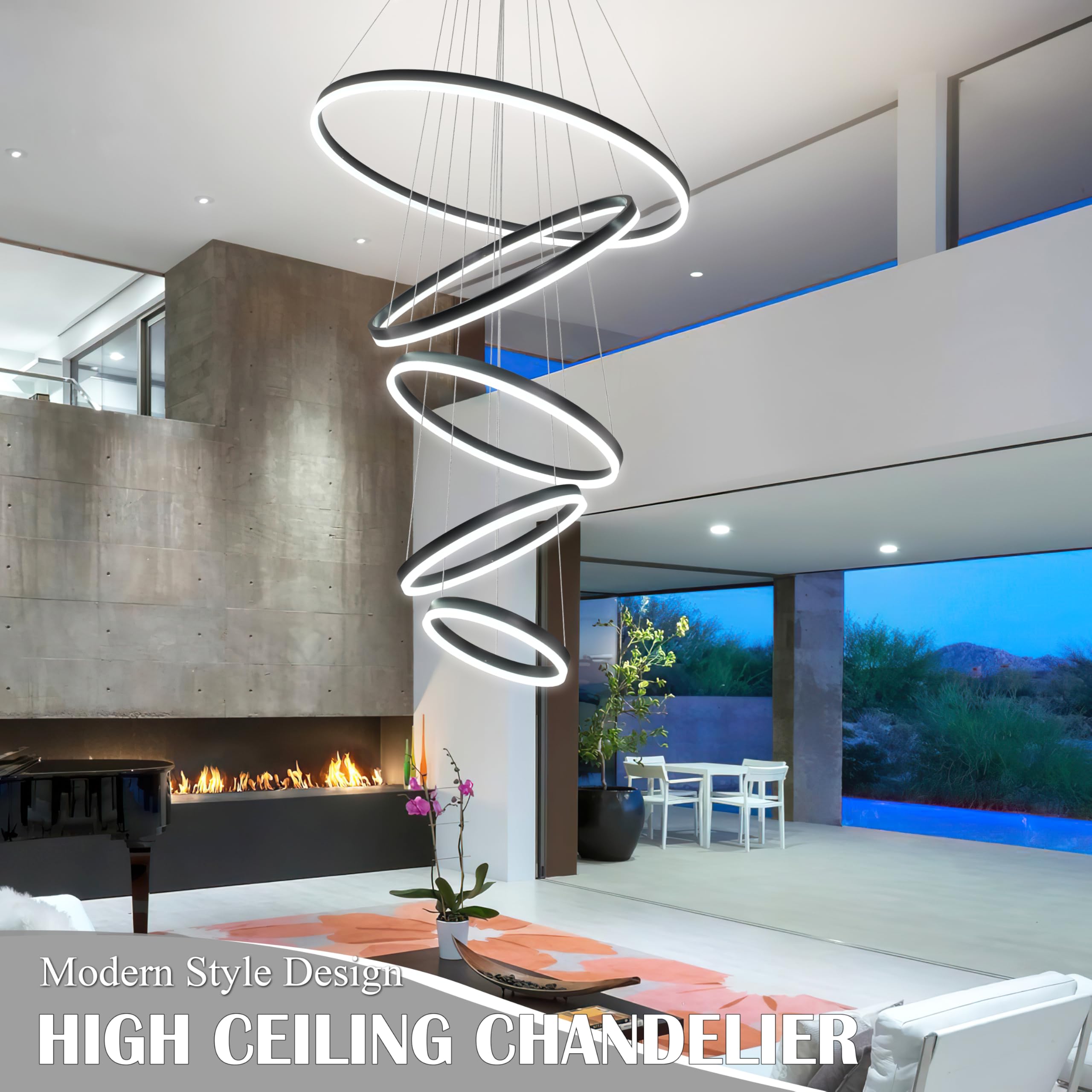 Mccokaige 5 Rings Black LED Chandelier, Dimmable & Height Adjustable, Metal, Model YK-34568-H, Ideal for Dining Room & Living Room
