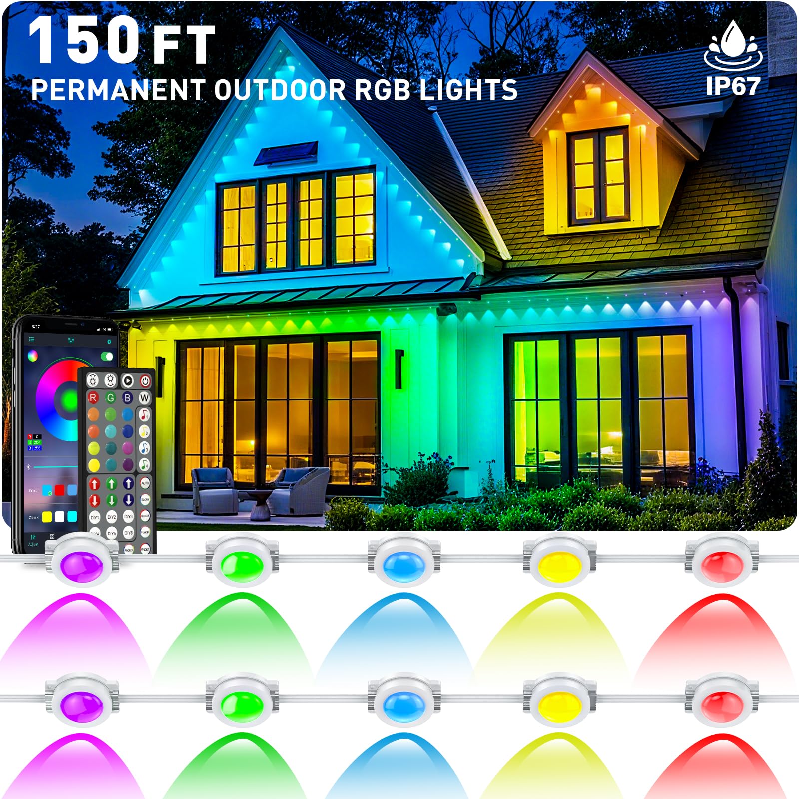 CETELUMA 150FT Permanent Outdoor RGB String Lights - Waterproof, App/Remote Control, Music Sync, Ideal for Christmas & Parties