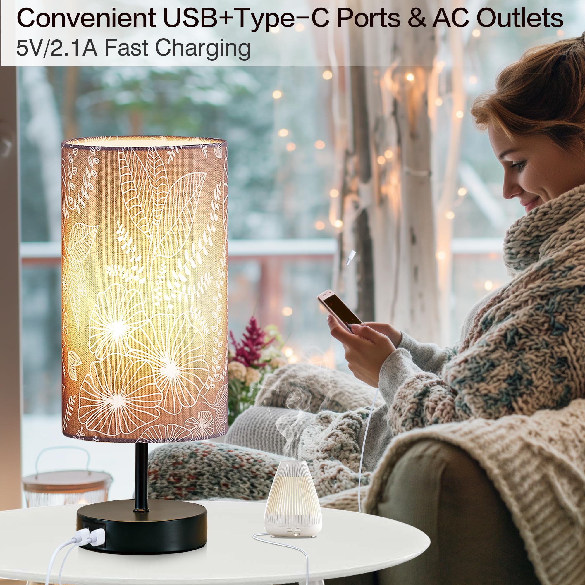 Bedside Table Lamp With 2 Usb Ports, Modern Touch Control Desk Lamp With Round Flower Flaxen Fabric Shade, 3 Way Dimmable Small