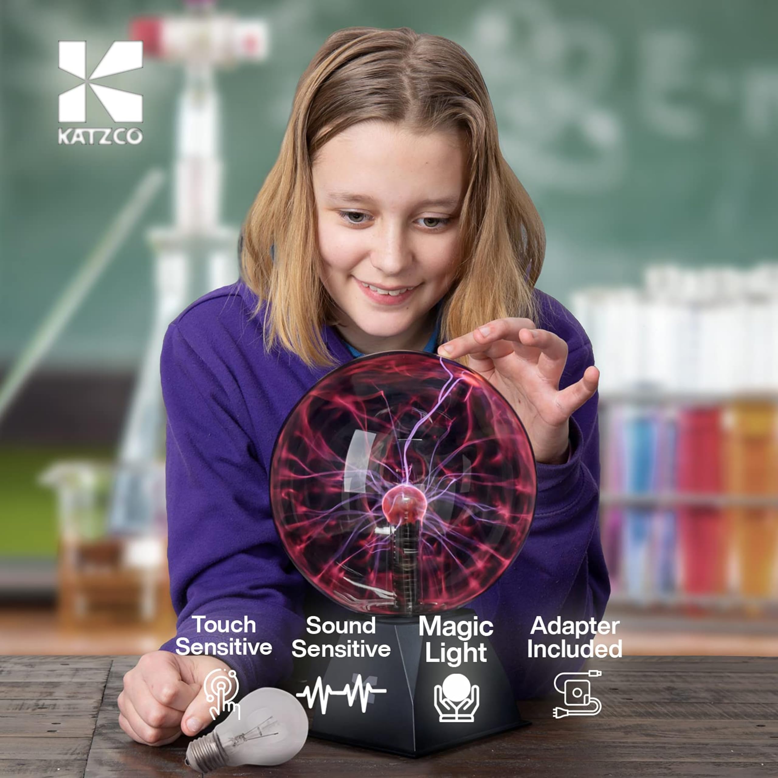 Katzco 7-Inch Plasma Ball With Lightning Charged Bulb - Nebula Sphere, Thunder Lightning, Plug-In - Touch And Sound Sensitive Pl