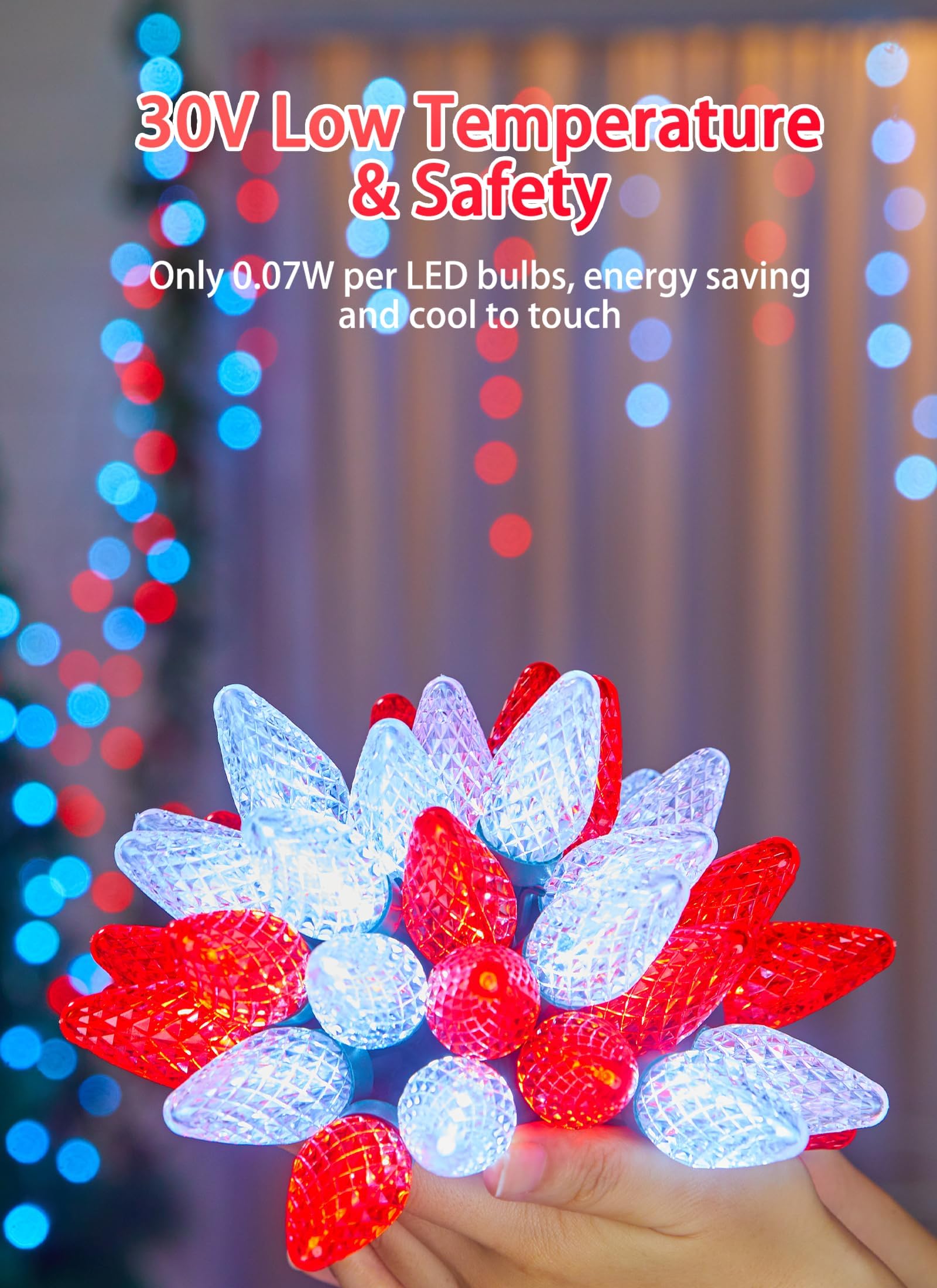 Minetom C9 LED Christmas String Lights - 82ft, 100 LEDs, Red and White, with Timer and 8 Modes for Outdoor Holiday Decoration