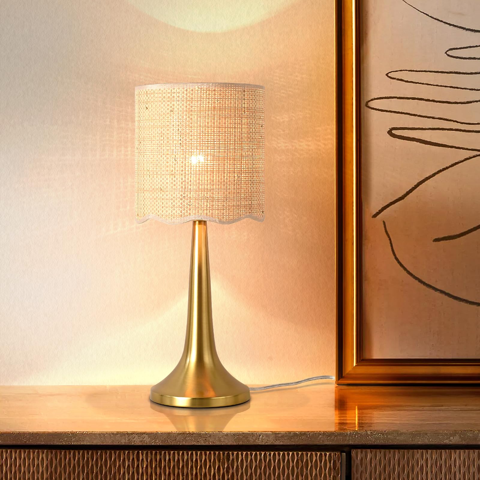 Gold Rattan Small Cute Table Lamp for Bedroom, Brass Gold Bedroom Lamps for Bedside Nightstand, Small Rattan Shade Table Shape L